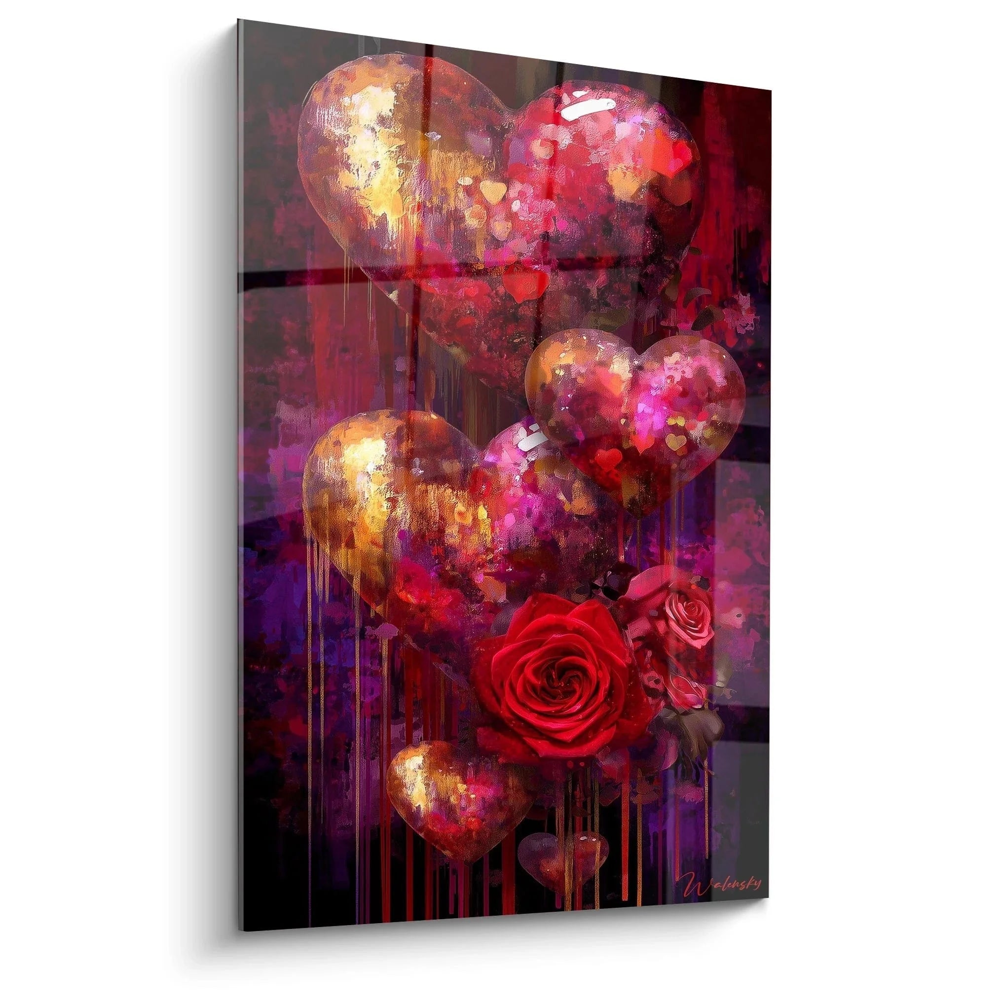 Romantisches Wandbild mit glänzenden Herzen und roter Rose in Gold-Rot-Tönen für Valentinstag Dekoration