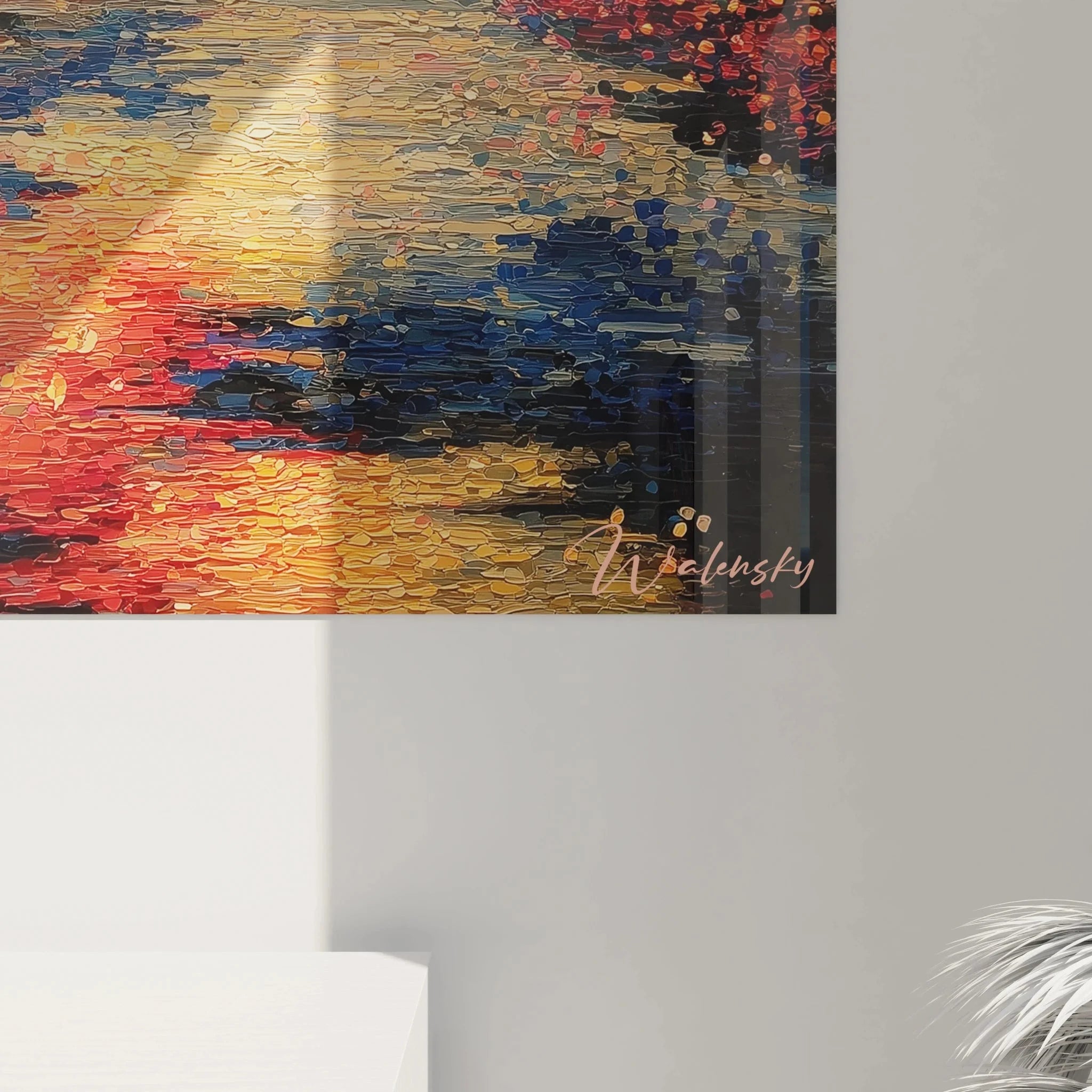 Gesamtansicht Wandbild Hibiskusblüte Pointillismus - tropische Blumen Wandkunst XXL Format