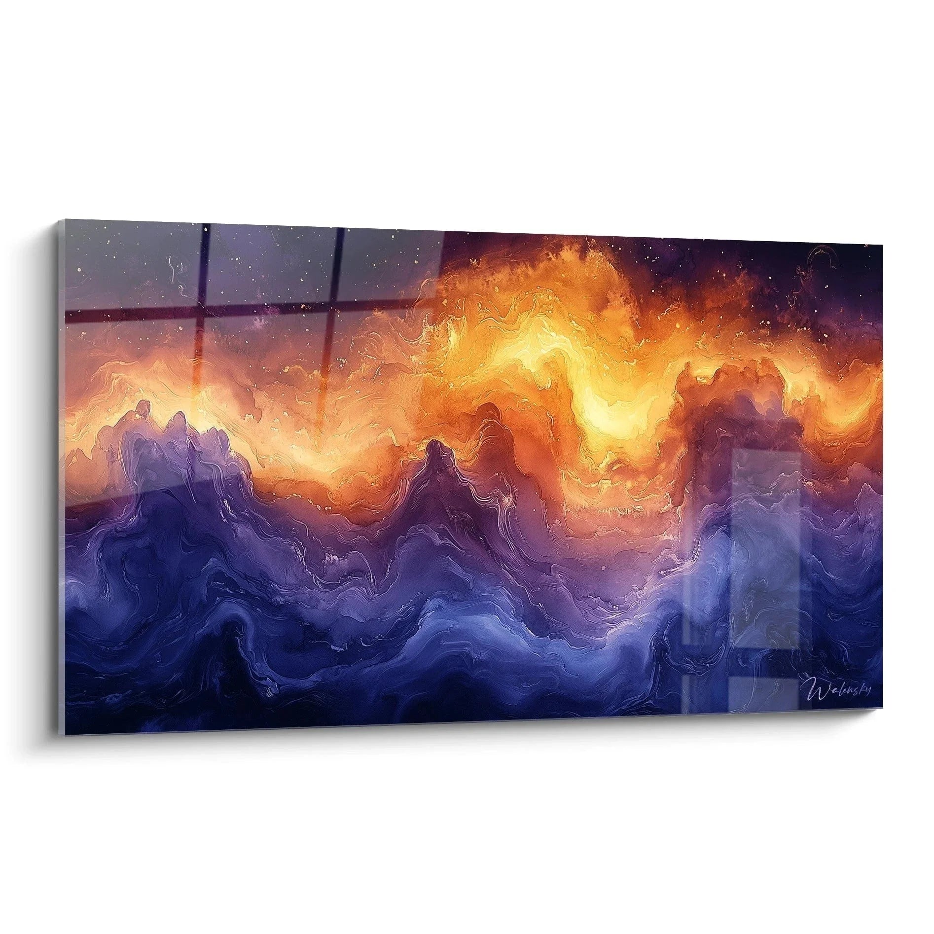 Expressionistisches Wandbild mit dramatischen Himmelsstürmen in Orange und Violett auf Leinwand