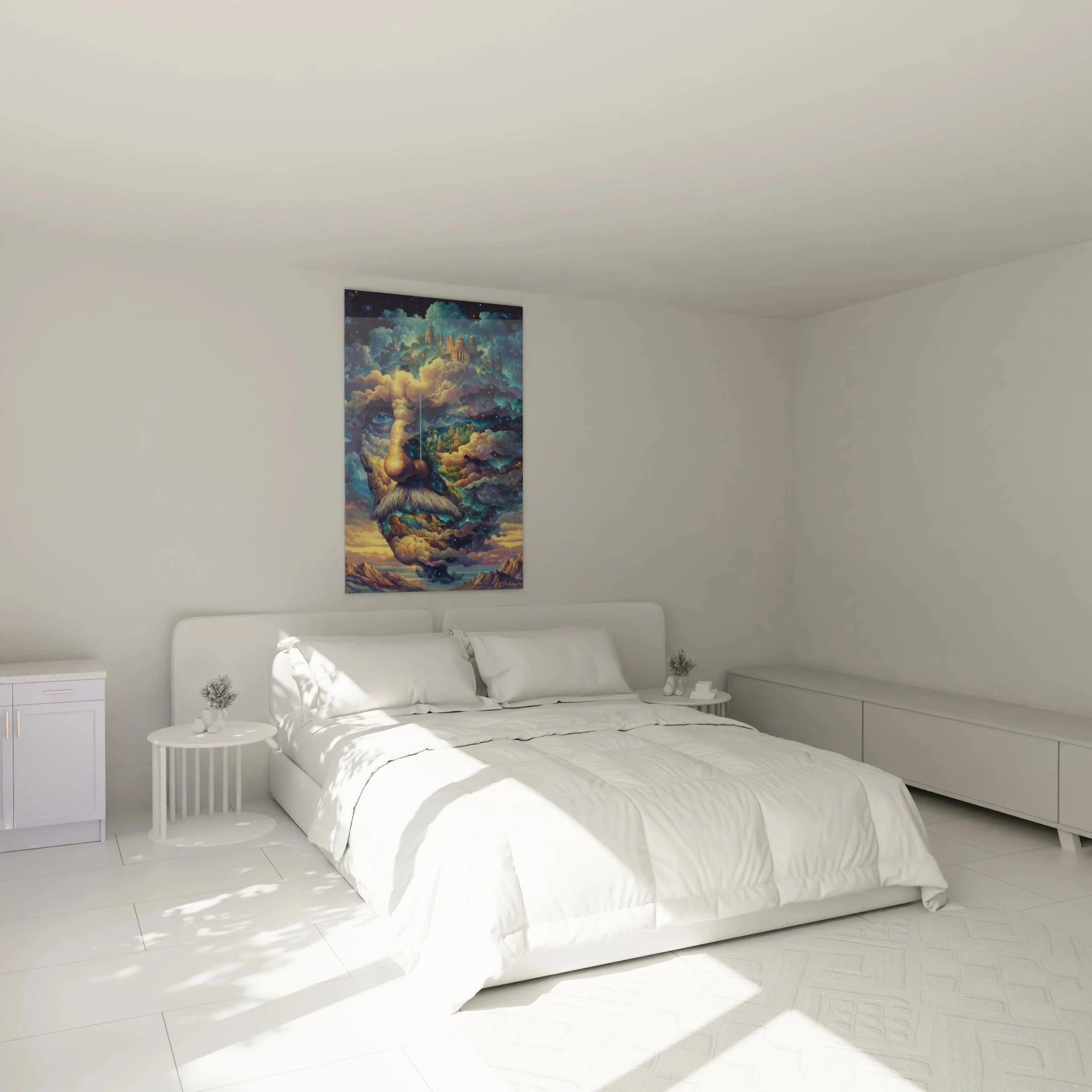 Wandbild himmlisches Gesicht in modernem Schlafzimmer - surreale Wanddekoration mit kosmischen Motiven