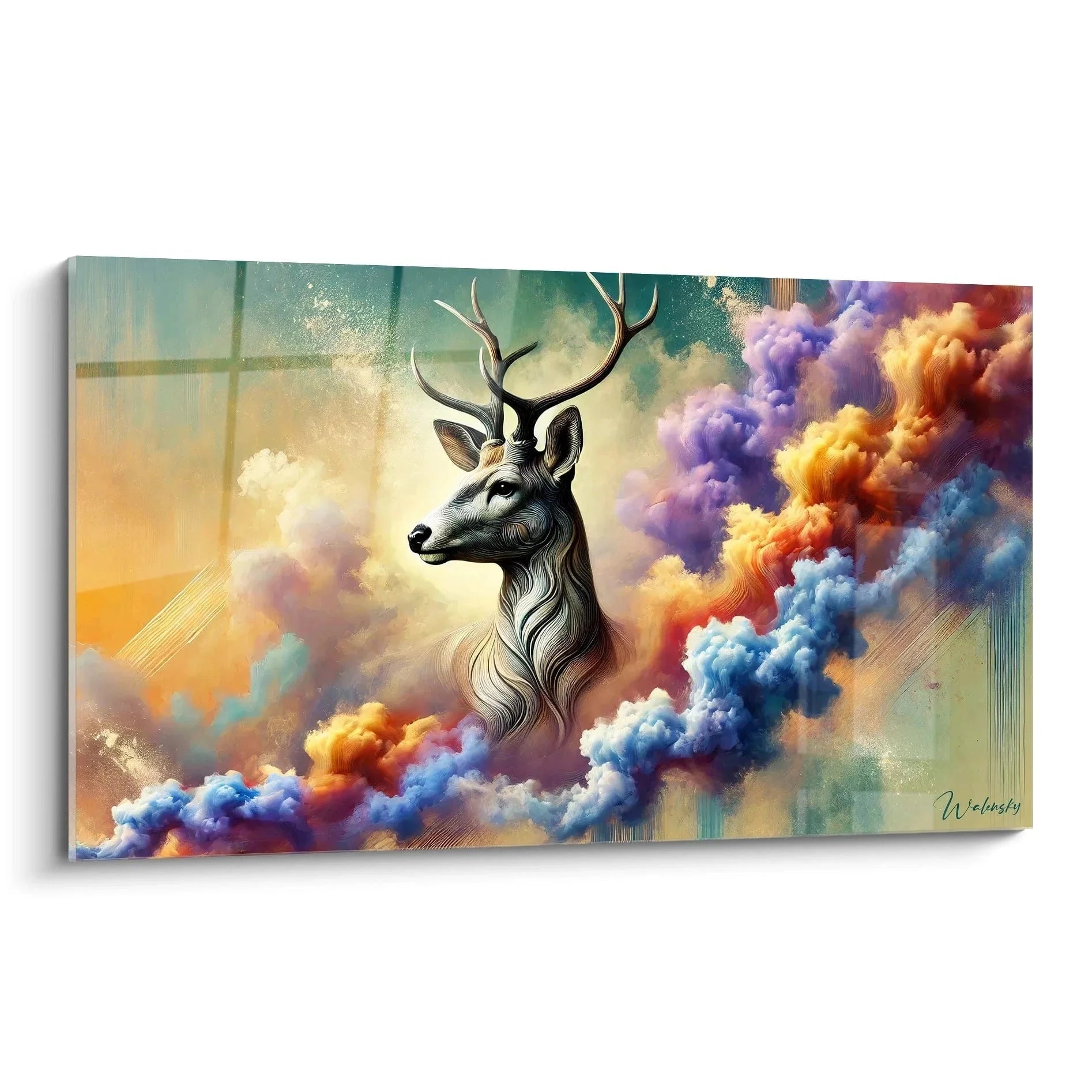 Wandbild Hirsch mystisch mit bunten Wolken - Premium Kunstdruck XXL Edition Hirsch