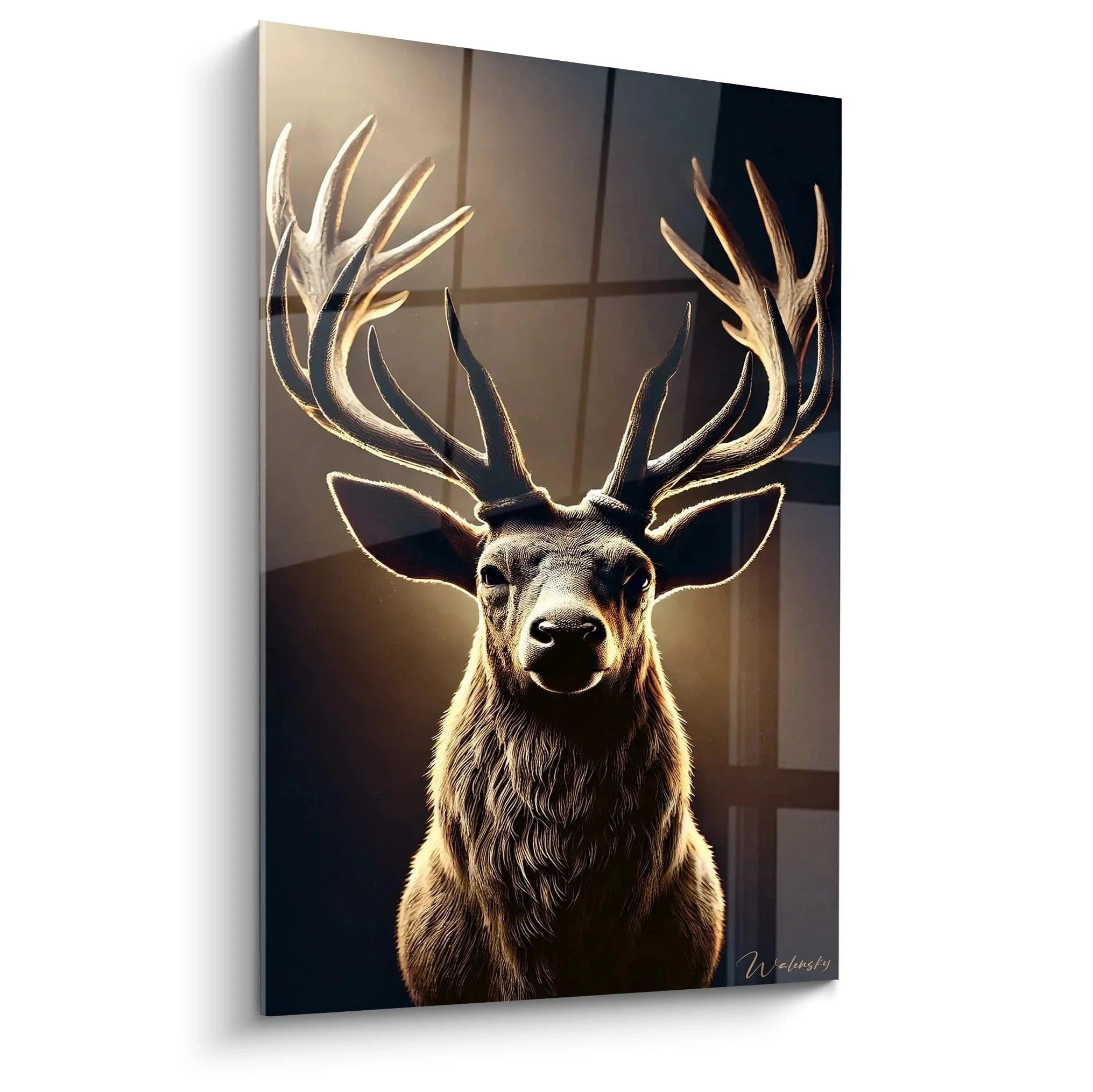 Wandbild Hirsch Portrait majestätisch mit imposantem Geweih in warmen Brauntönen - Edition Hirsch