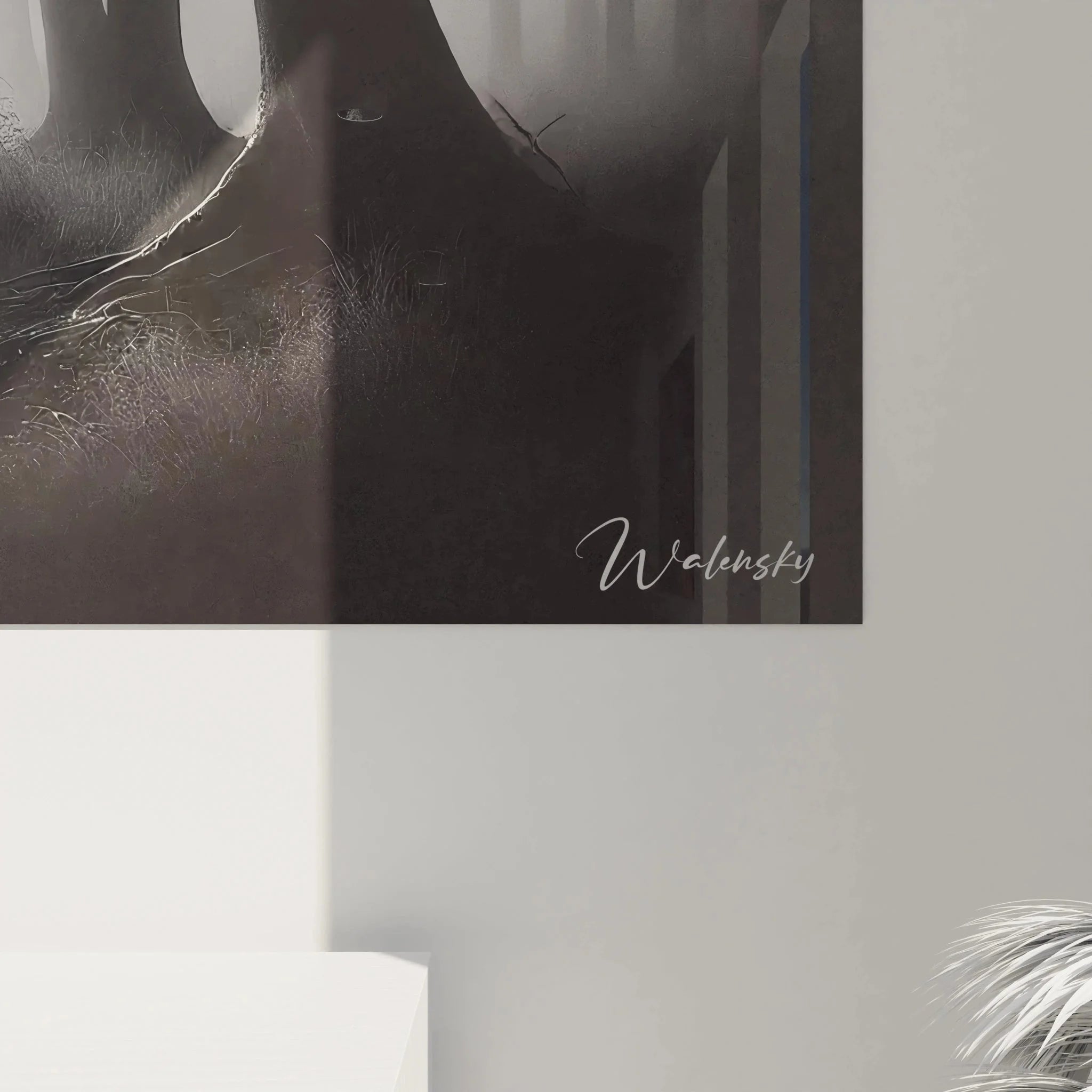 Gesamtansicht Wandbild Hirschkuh Nebelwald, elegante schwarz-weiß Komposition für moderne Einrichtung