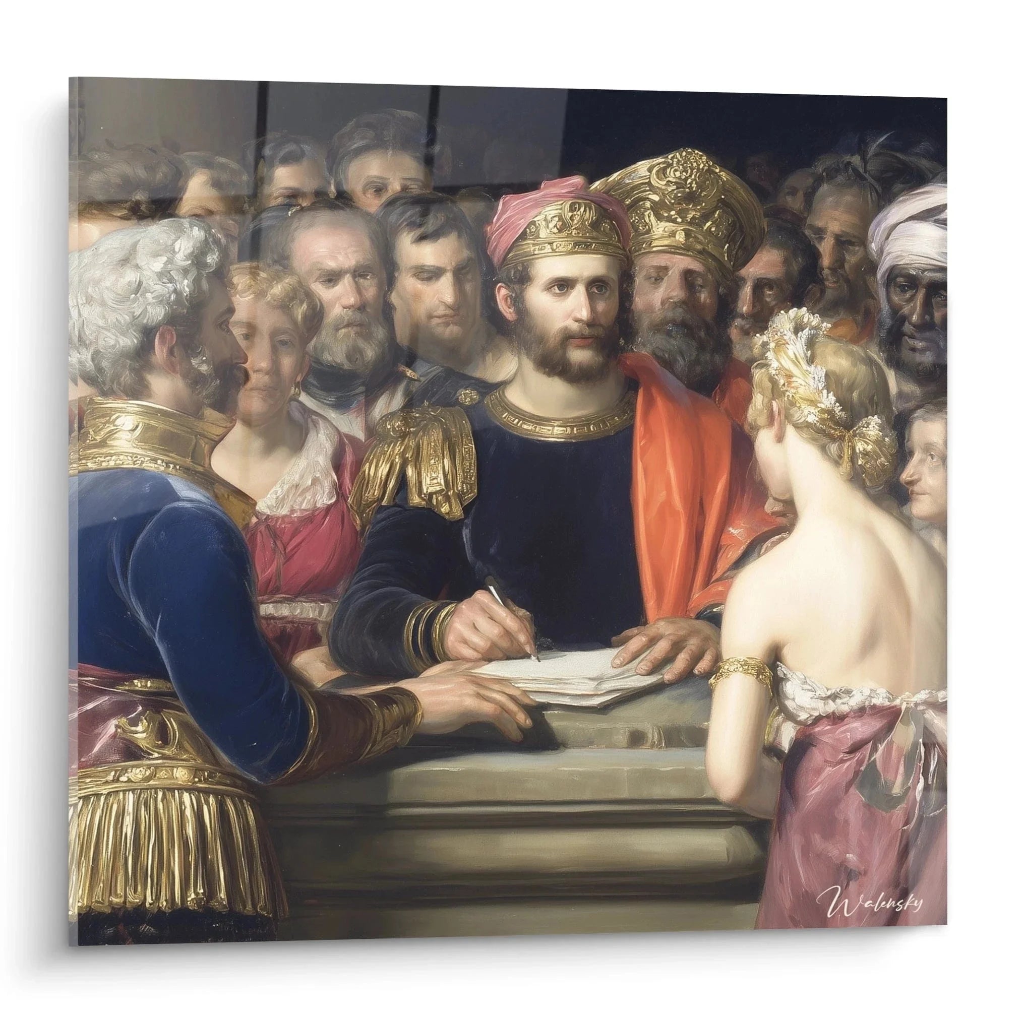 Wandbild historische Vertragsunterzeichnung im neoklassischen Stil mit würdevollen Persönlichkeiten