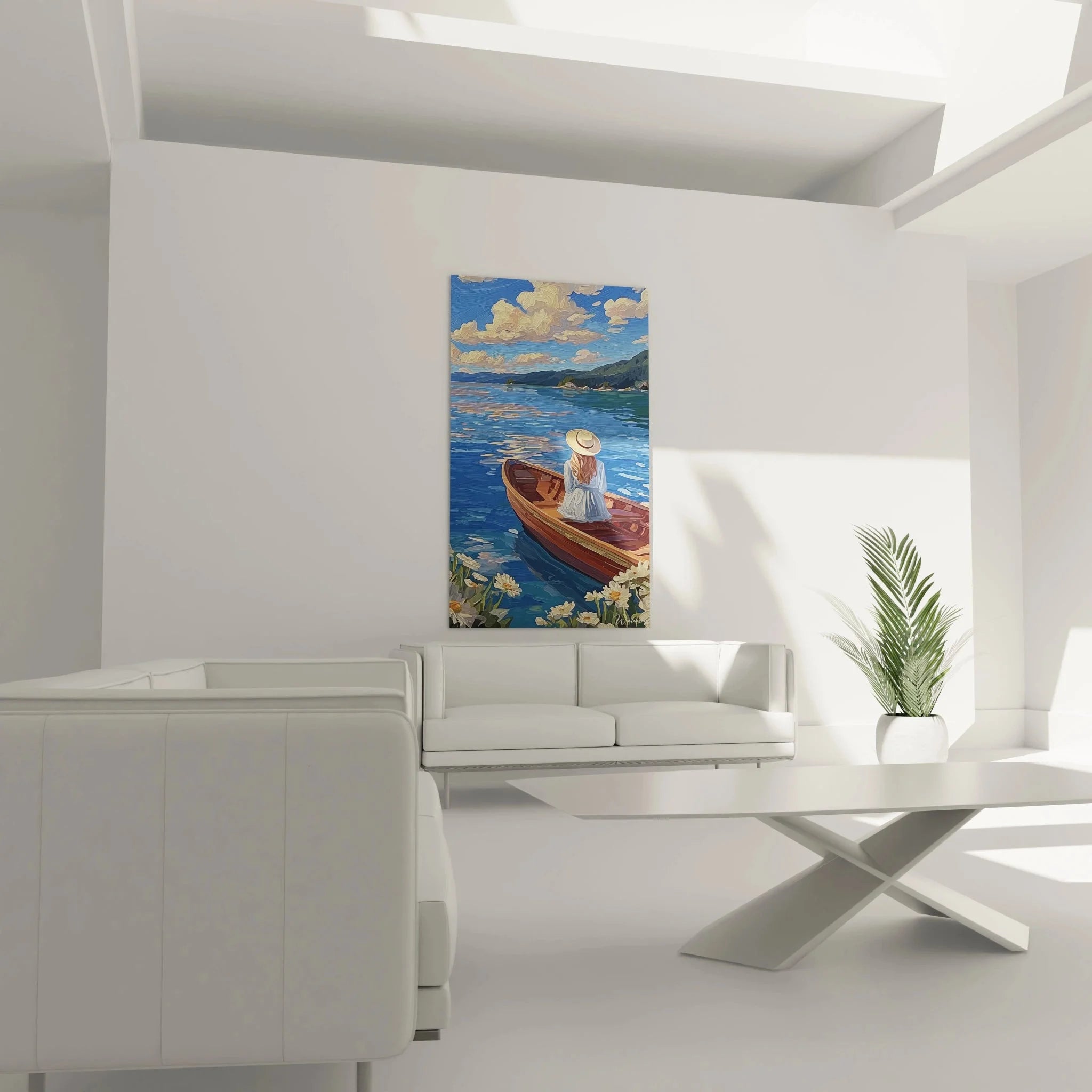 Detailansicht Wandbild Holzboot mit Frau - Nahaufnahme maritime Sommerkunst Leinwand