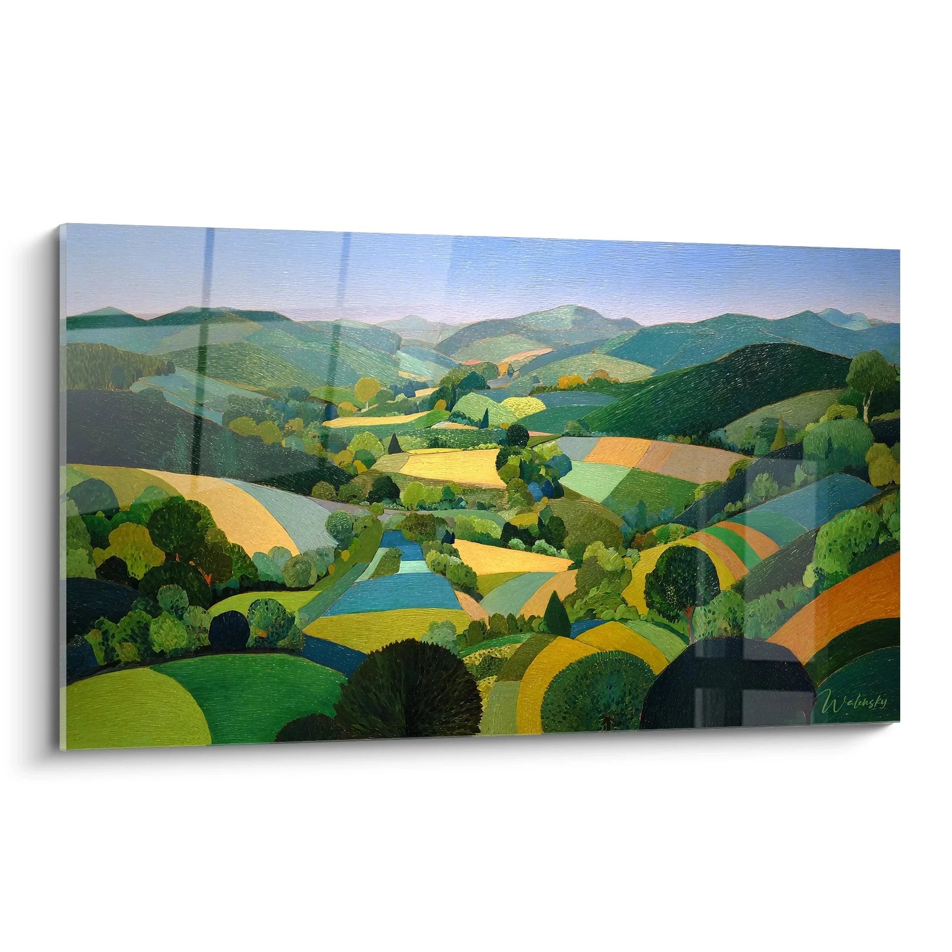 Wandbild Hügellandschaft mit grünen Tälern und Feldern in moderner Landschaftsmalerei Stil