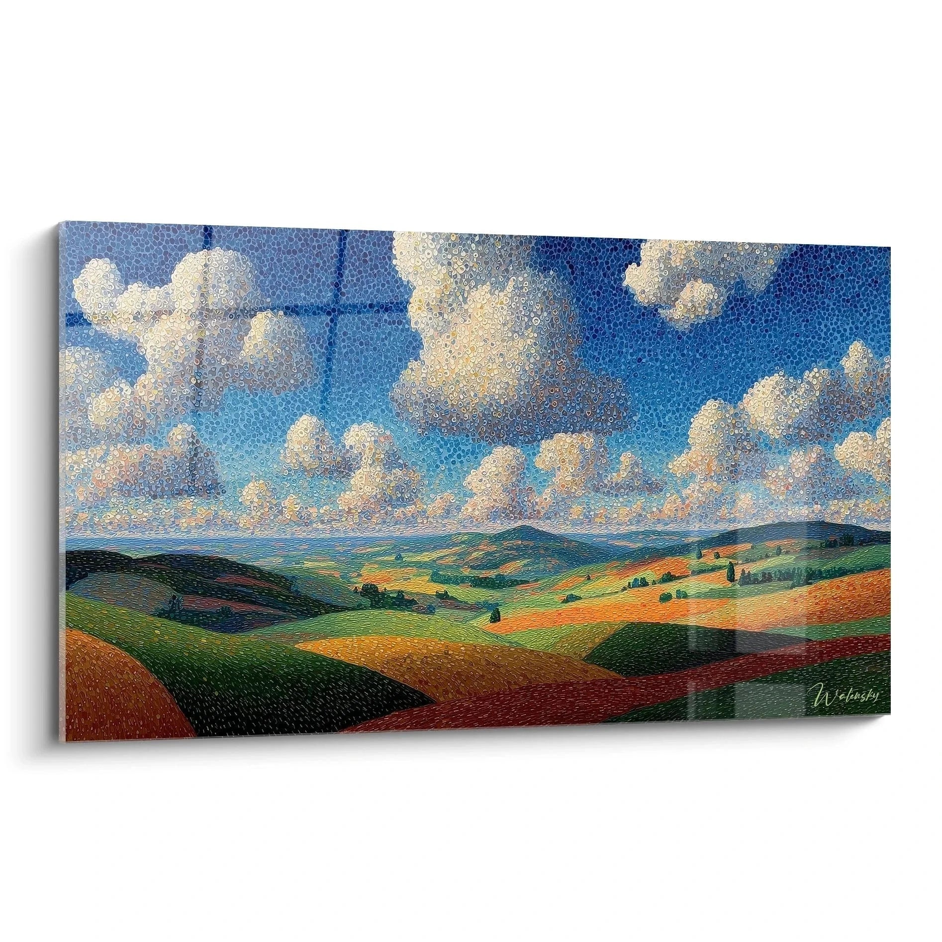 Wandbild Hügellandschaft Toskana im Pointillismus Stil mit dramatischem Himmel und bunten Feldern XXL Kunstdruck