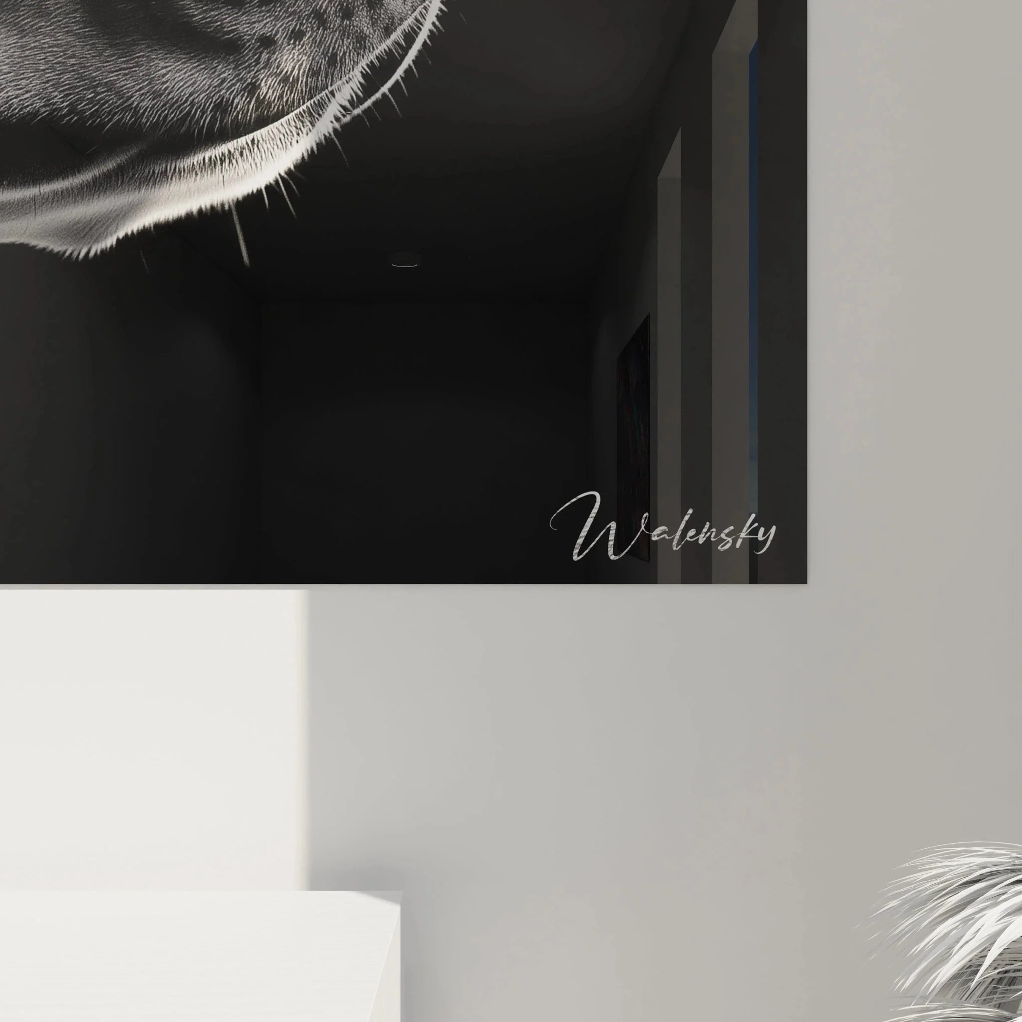 Wandbild Hund schwarz-weiß Gesamtansicht als moderne Wanddekoration im Wohnraum