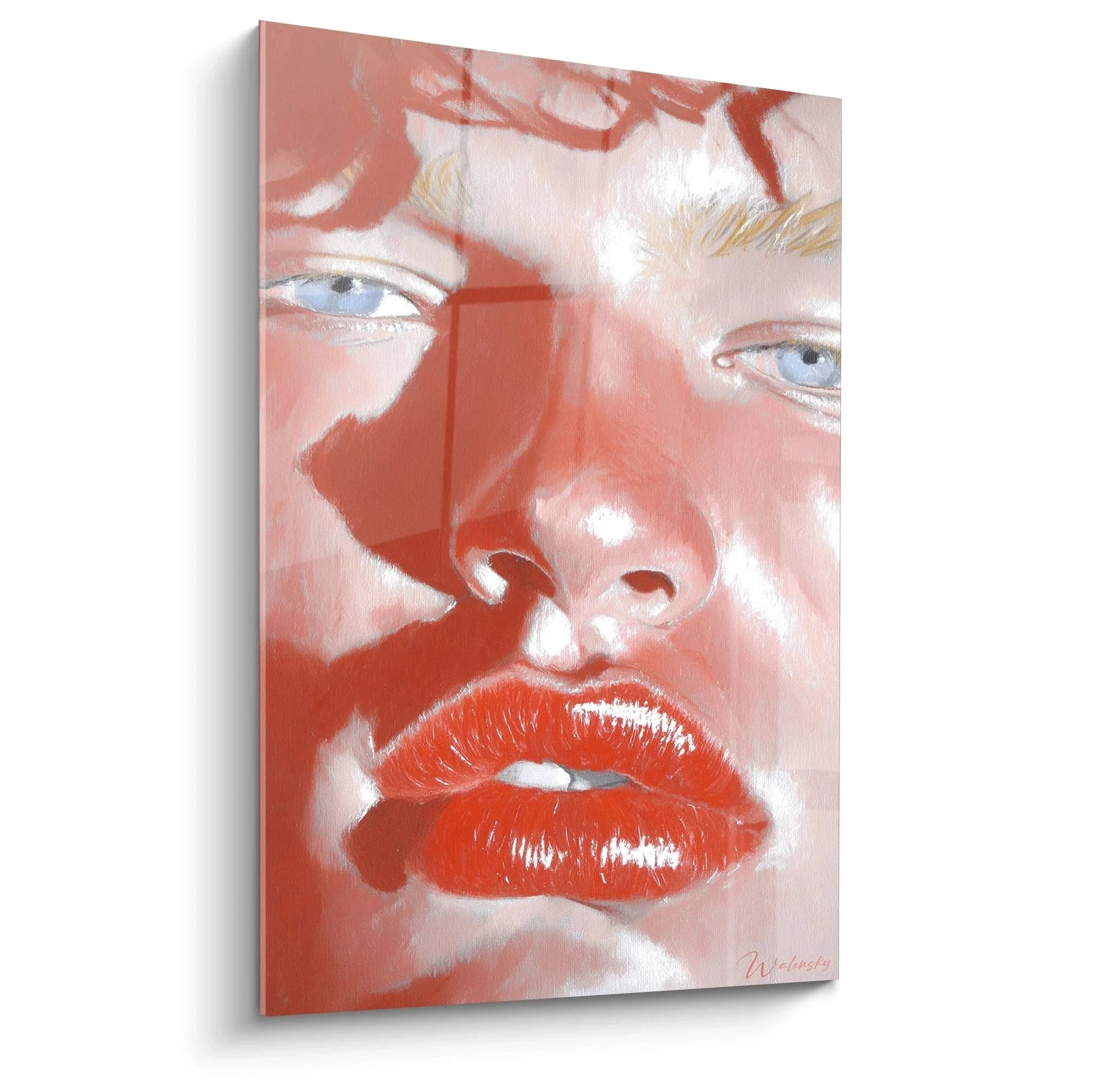 Hyperrealistisches Wandbild Frauenporträt mit roten Lippen in Rottönen - Edition Hyperrealismus