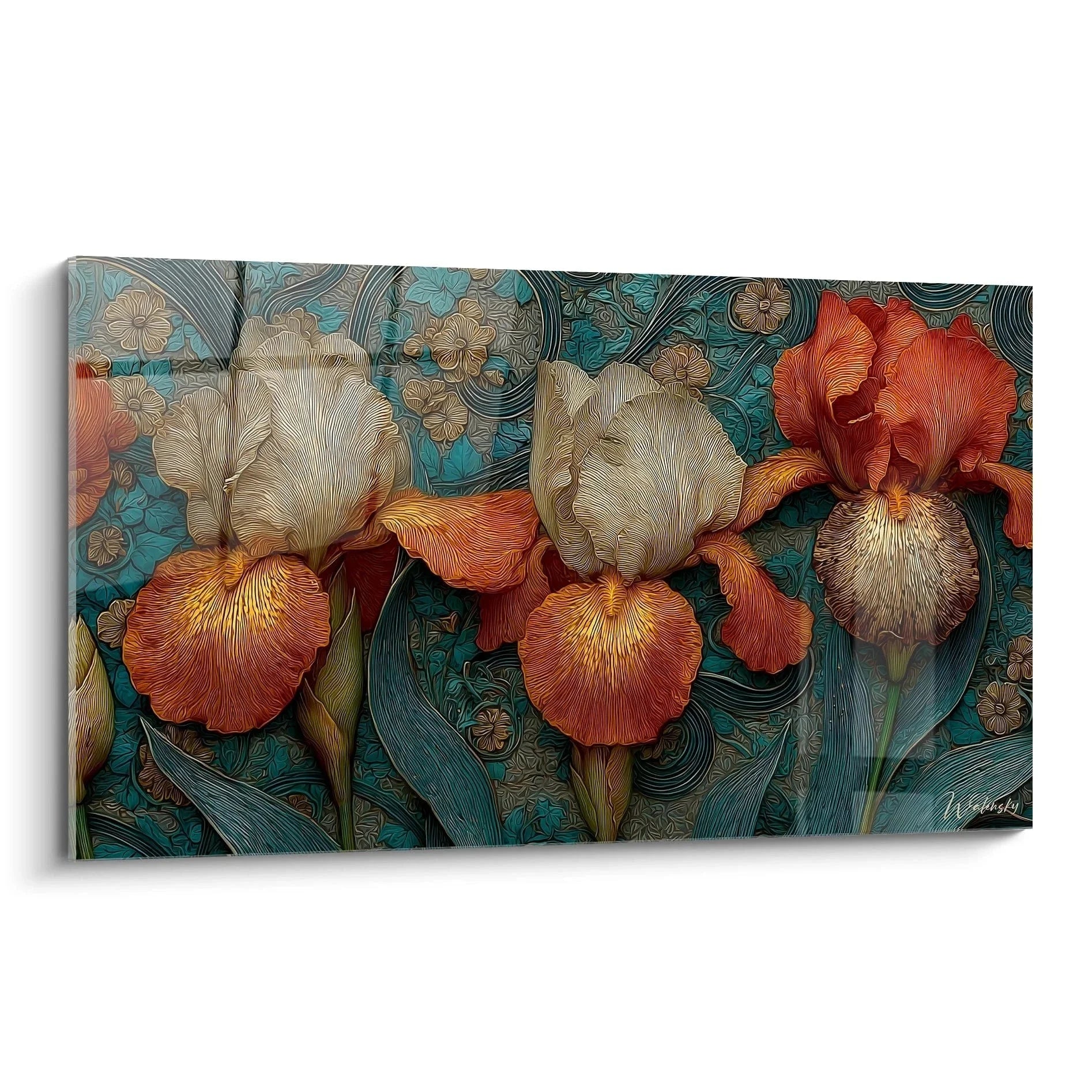 Wandbild Iris Blüten im Jugendstil mit ornamentalem Hintergrund in Orange und Türkis