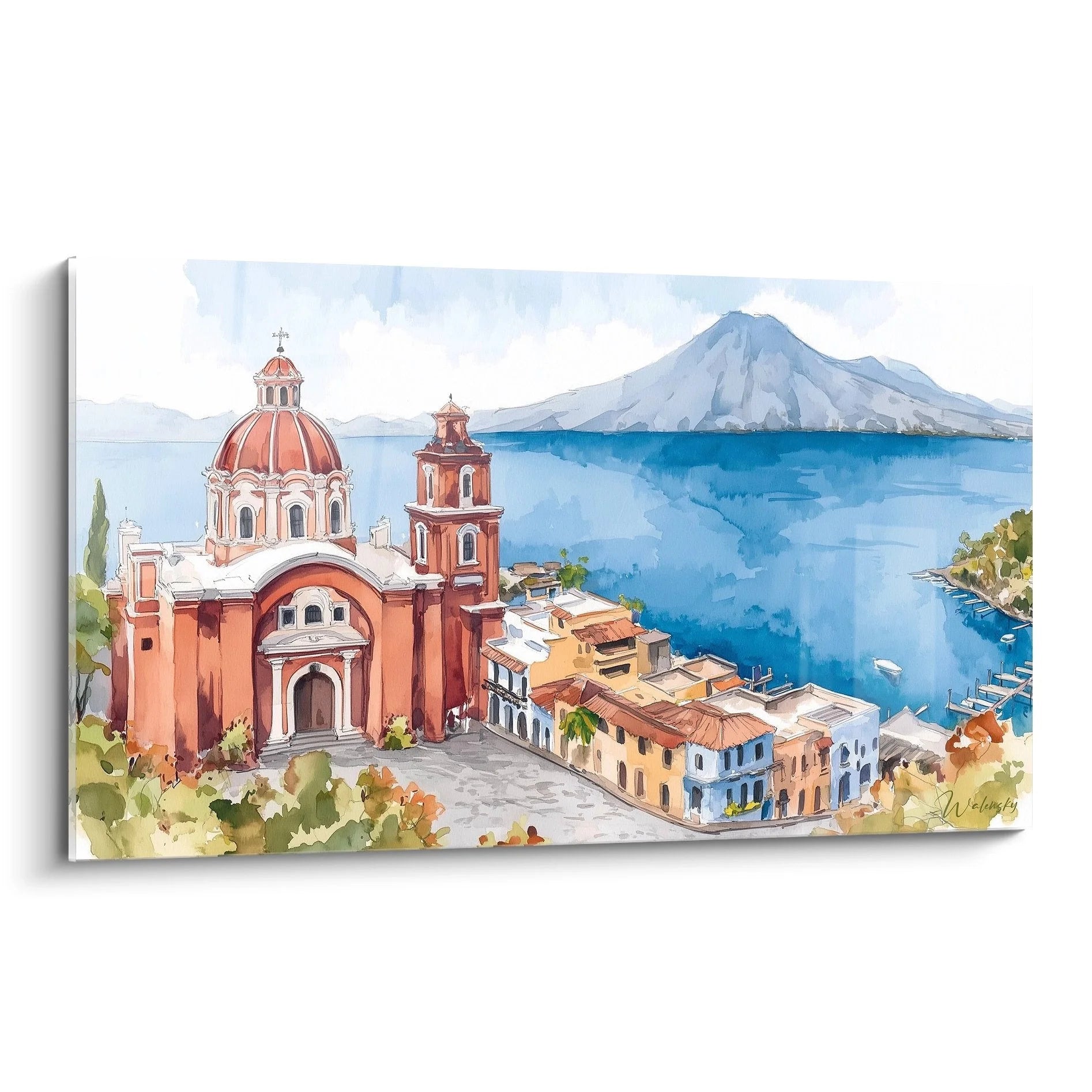 Wandbild italienische Küstenstadt mit roter Kirchenkuppel am mediterranen See