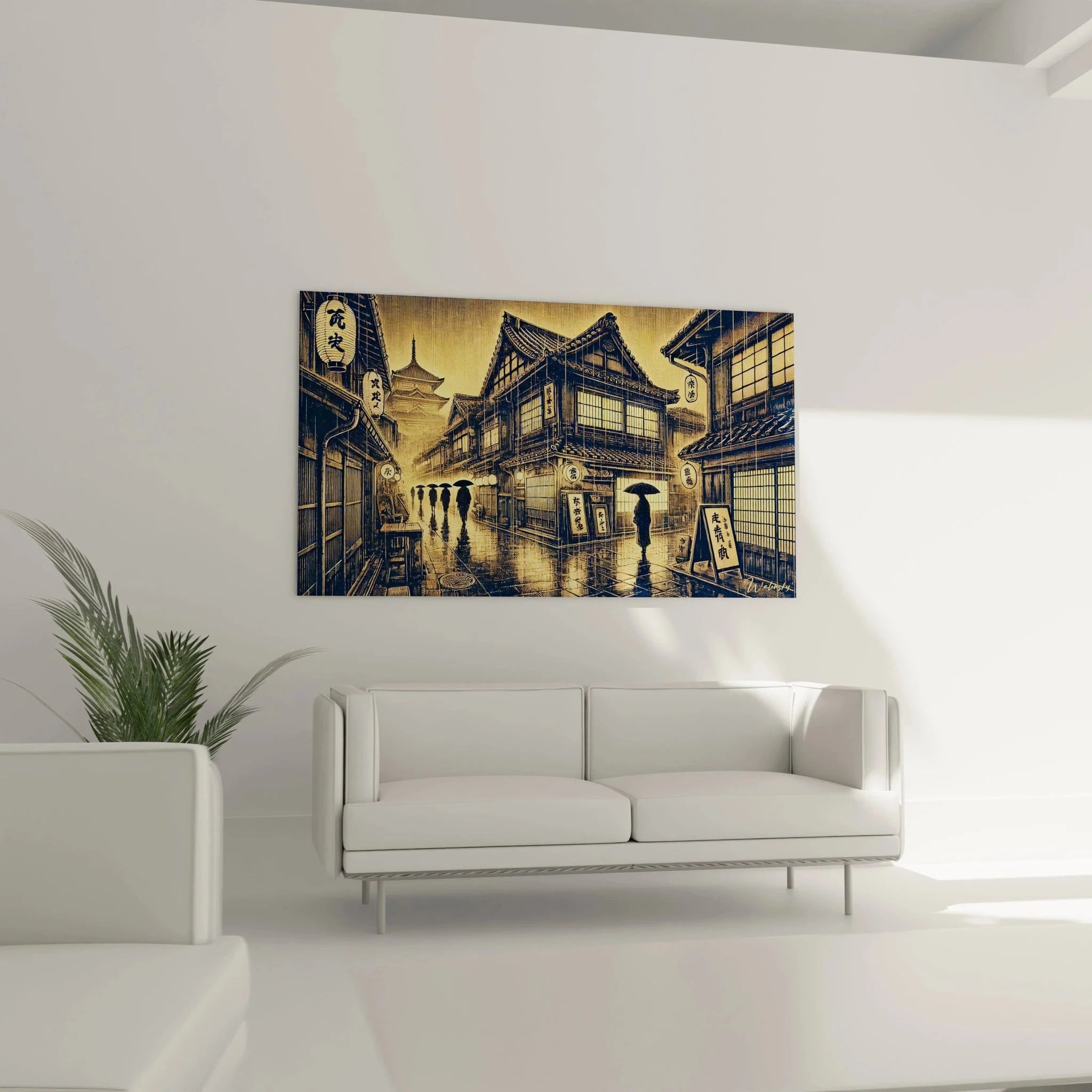 Detailaufnahme Wandbild Japan zeigt traditionelle Architektur mit Holzbalken und japanischen Laternen