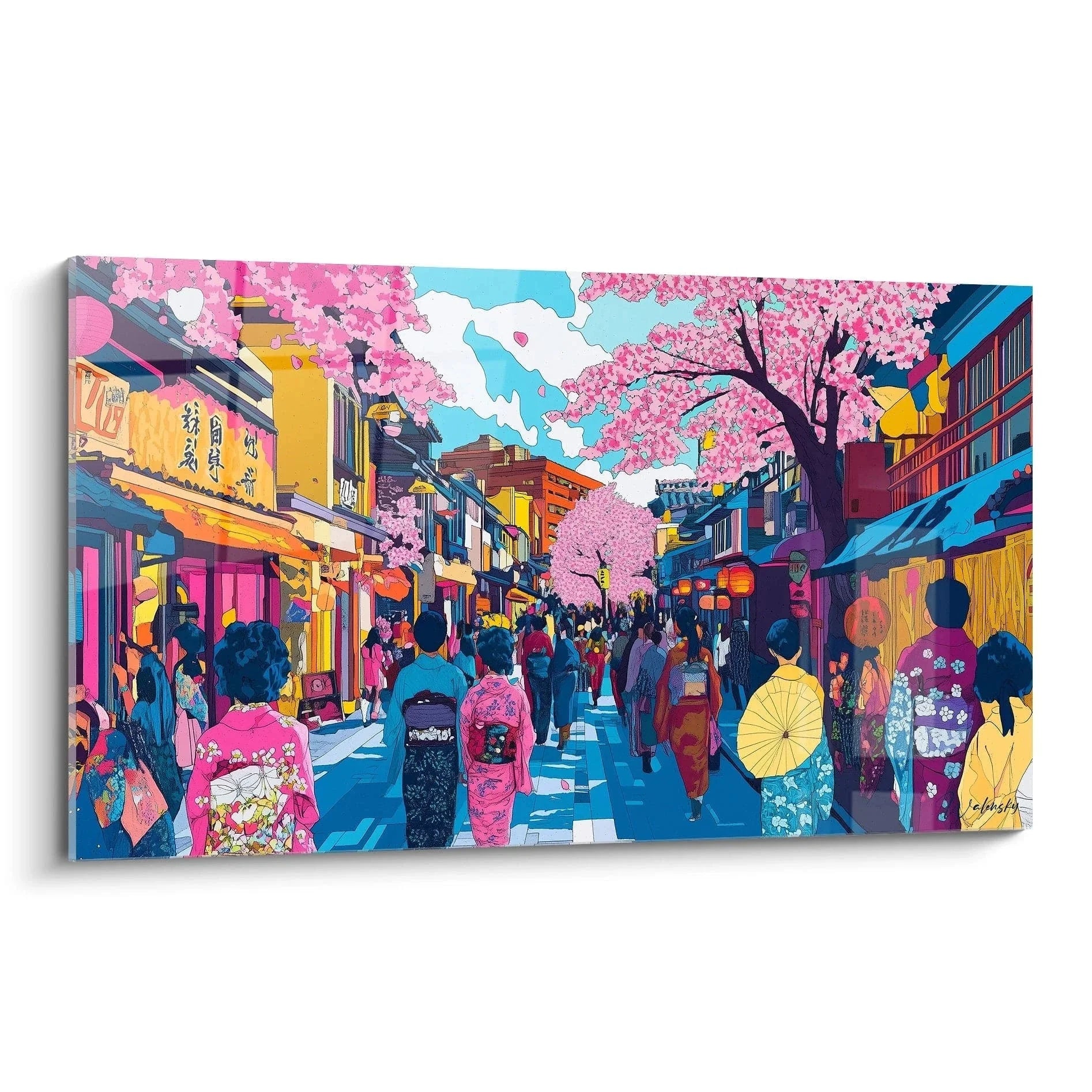 Wandbild Japan Kirschblüten Straße mit Kimonos und traditioneller Architektur