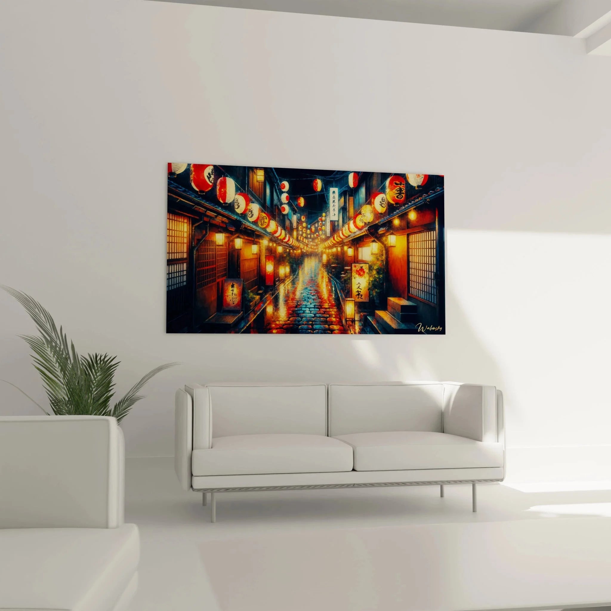 Nahaufnahme Wandbild Japan zeigt Details der roten Laternen und japanischen Schriftzeichen