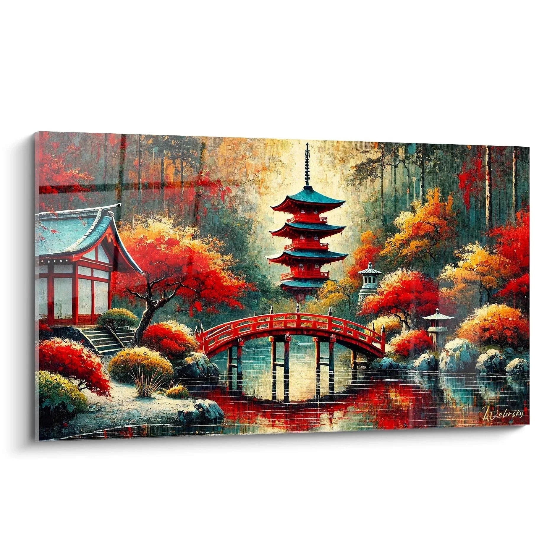 Wandbild japanische Pagode im Herbst mit roter Brücke und Zen-Garten - Edition Japan