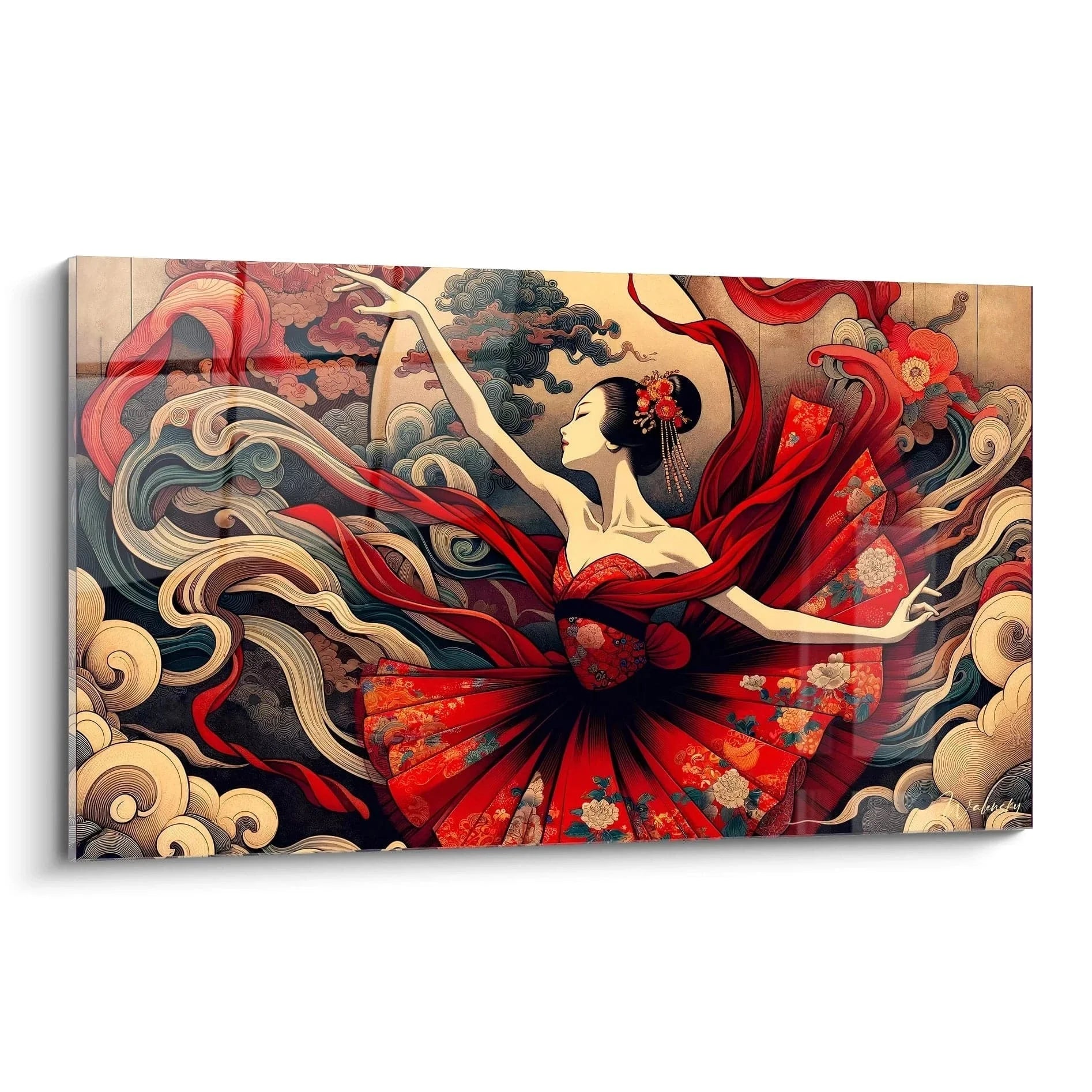 Wandbild japanische Tänzerin im roten Kimono, Ukiyo-e Stil, asiatische Wanddekoration