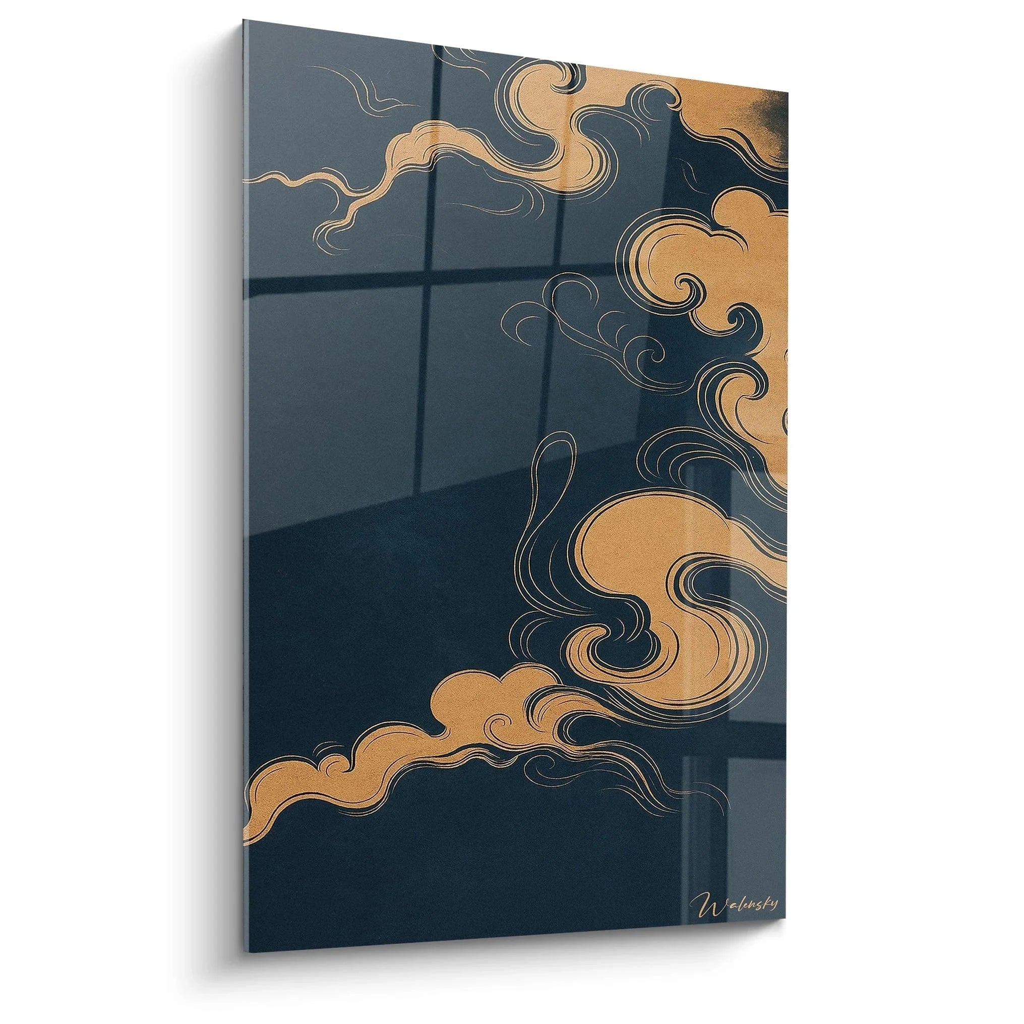 Wandbild japanische Wolken in Gold und Dunkelblau, moderne asiatische Wanddekoration im traditionellen Stil