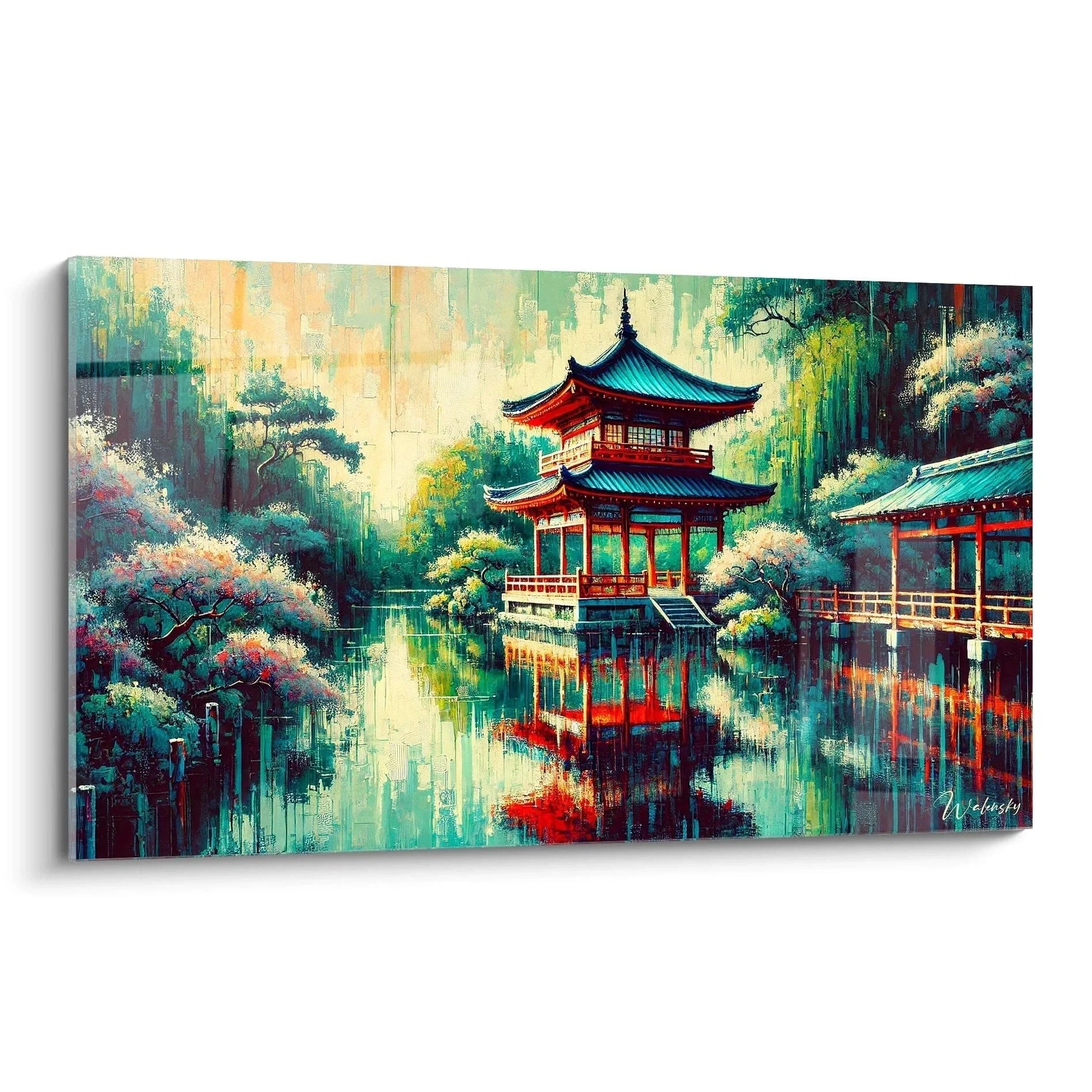 Wandbild japanischer Tempel mit roter Pagode am Wasser in üppiger Landschaft