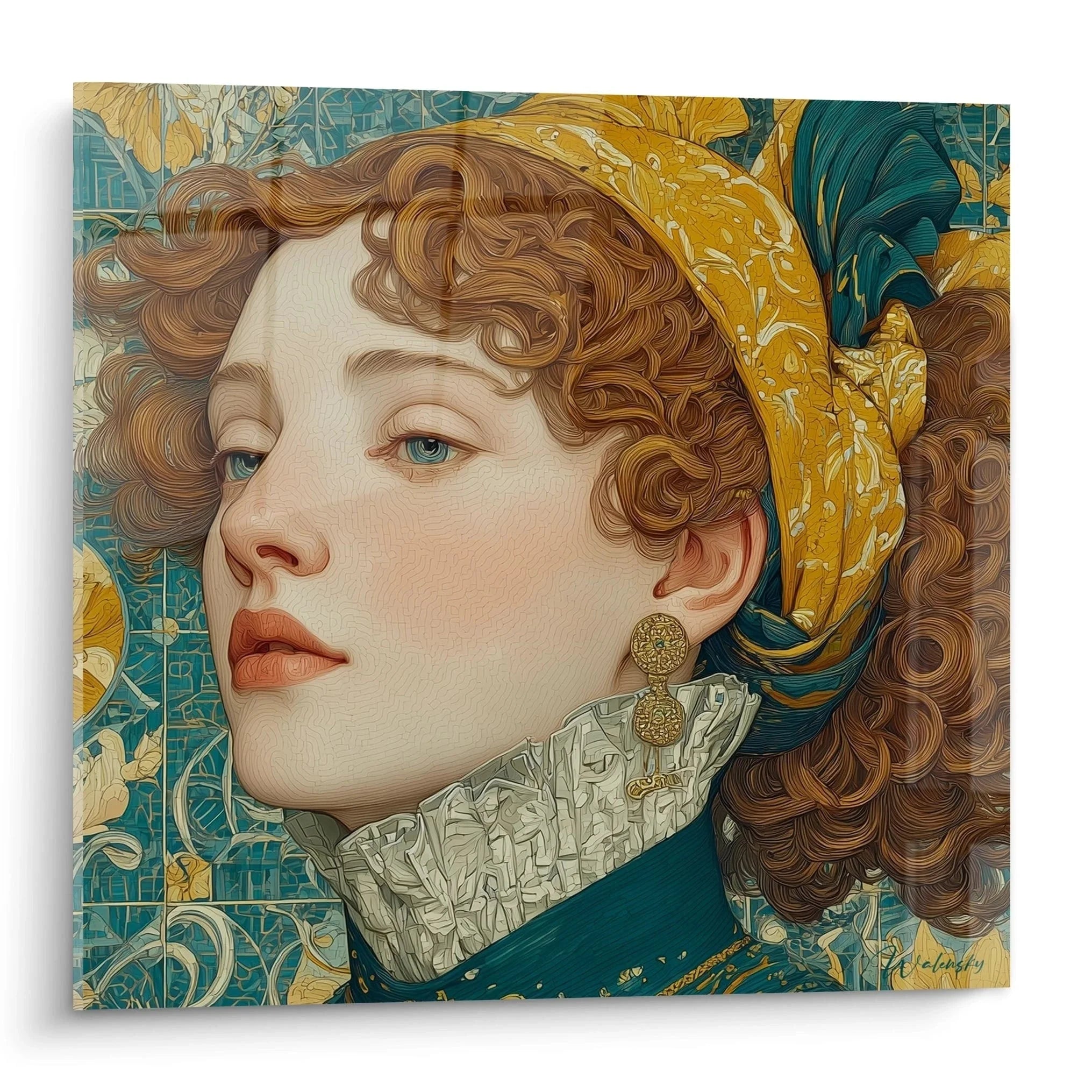 Jugendstil Wandbild elegante Frau mit goldener Schleife und lockigem Haar im Art Nouveau Stil