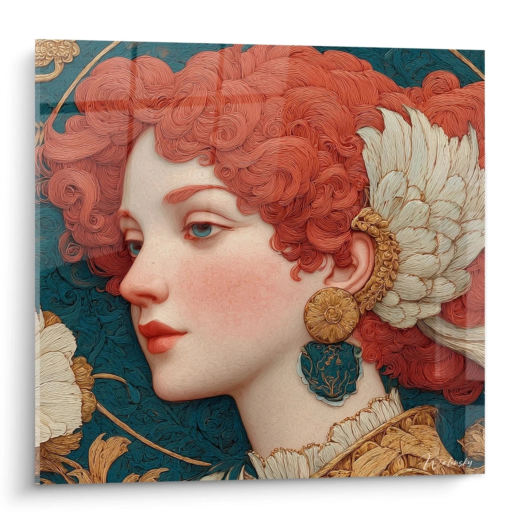 Jugendstil Wandbild einer eleganten Frau mit rotem Lockenhaar und goldenen Art Nouveau Ornamenten