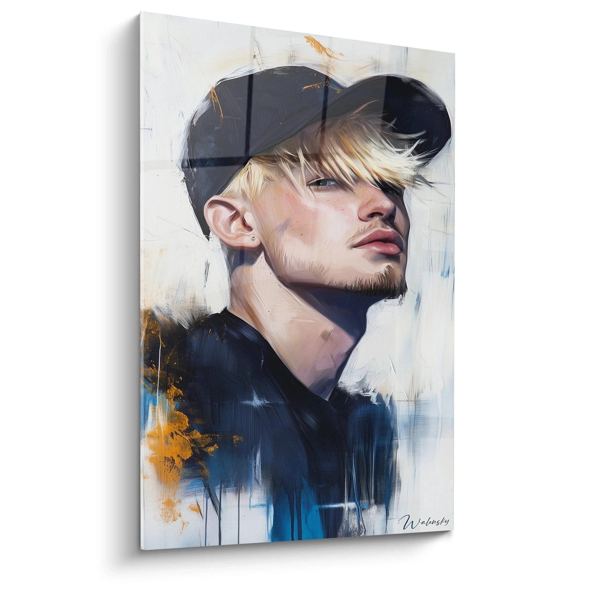 Wandbild junger Mann mit Baseballkappe im Rembrandt-Stil, moderne Porträtkunst mit expressiven Pinselstrichen