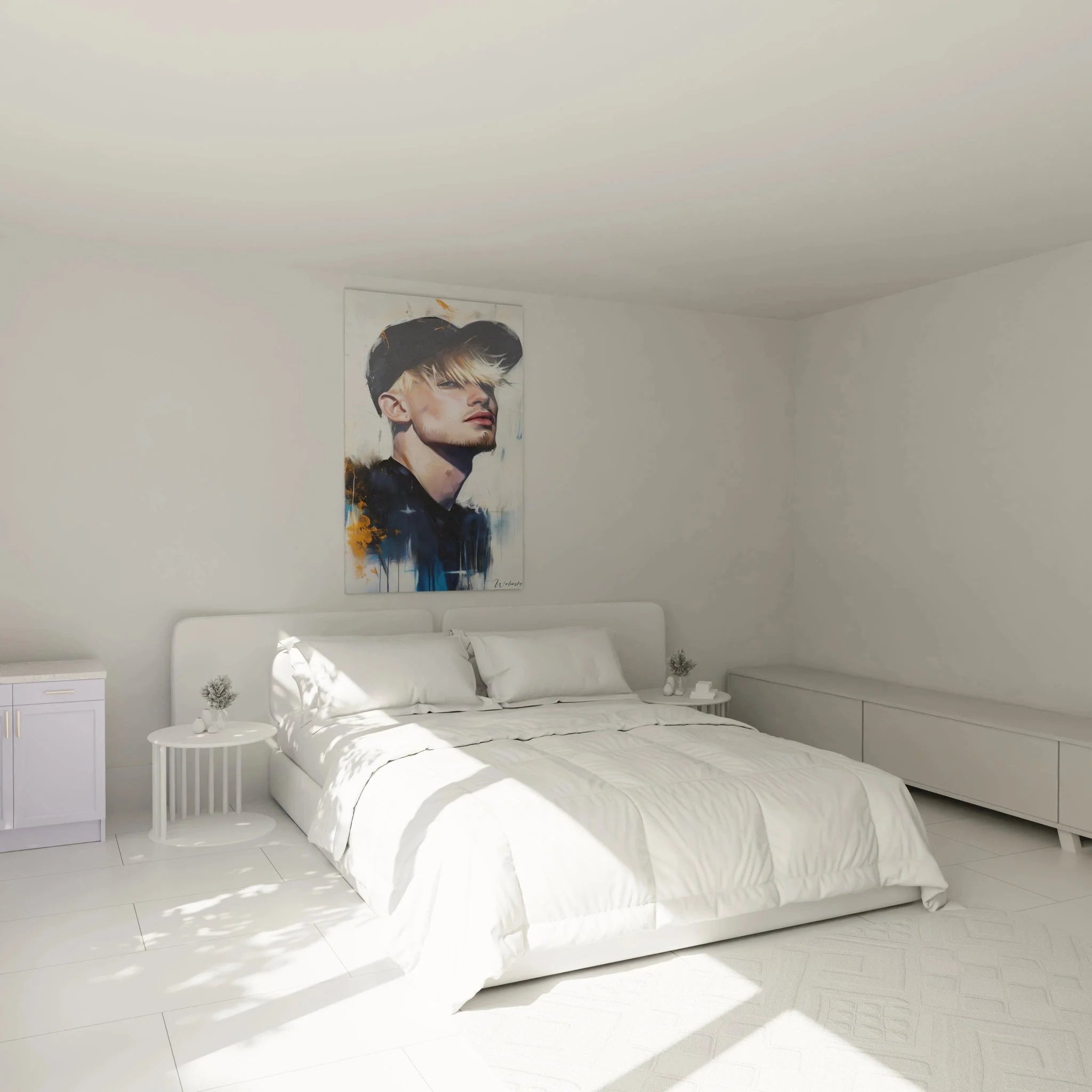 Wandbild junger Mann mit Baseballkappe im Schlafzimmer, moderne Raumdekoration im Rembrandt-Stil