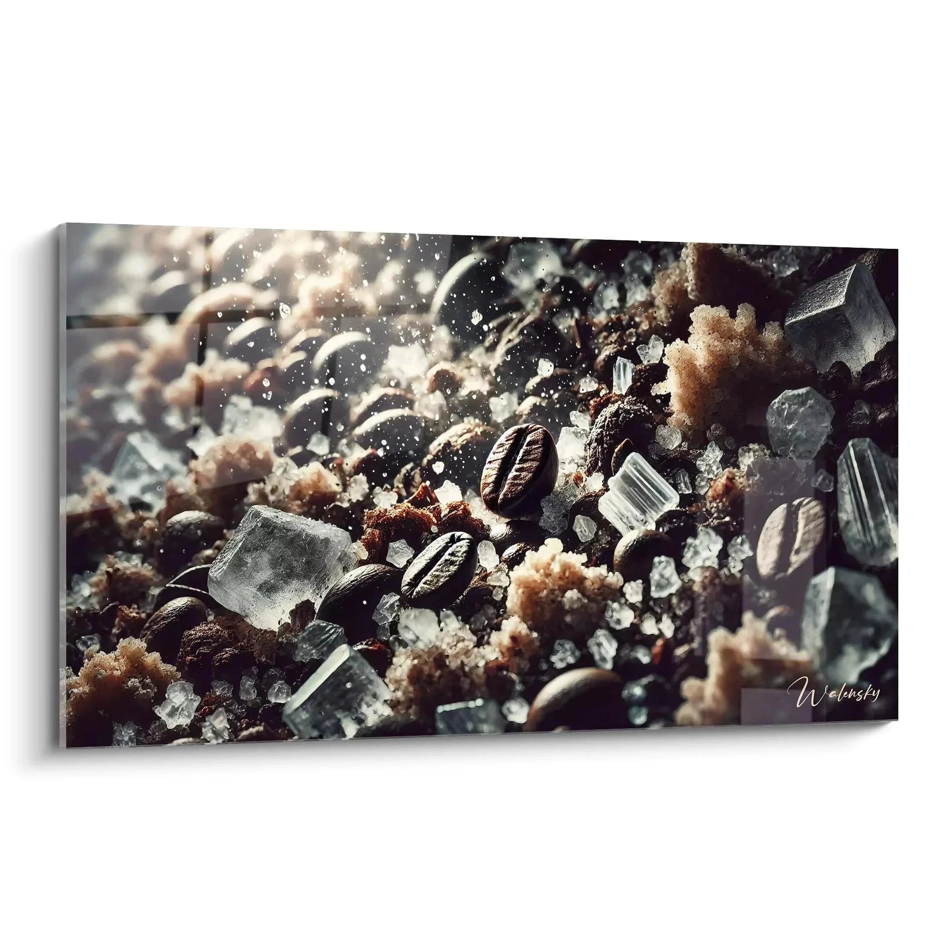 Wandbild Kaffeebohnen mit glitzernden Eiskristallen und Eiswürfeln als Premium Küchen Wanddeko