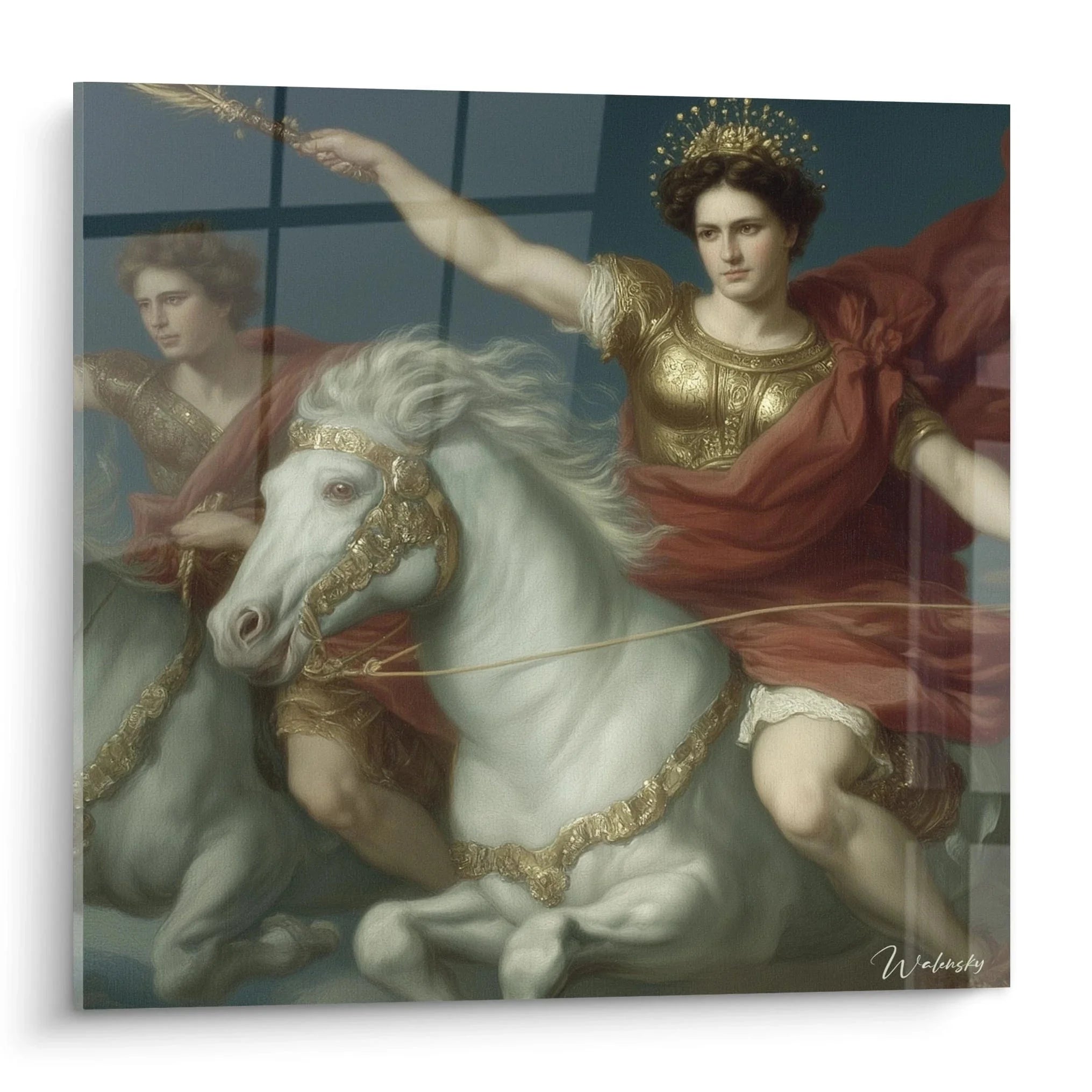 Majestätisches Wandbild Kaiserin auf weißem Pferd im neoklassizistischen Stil mit goldener Rüstung