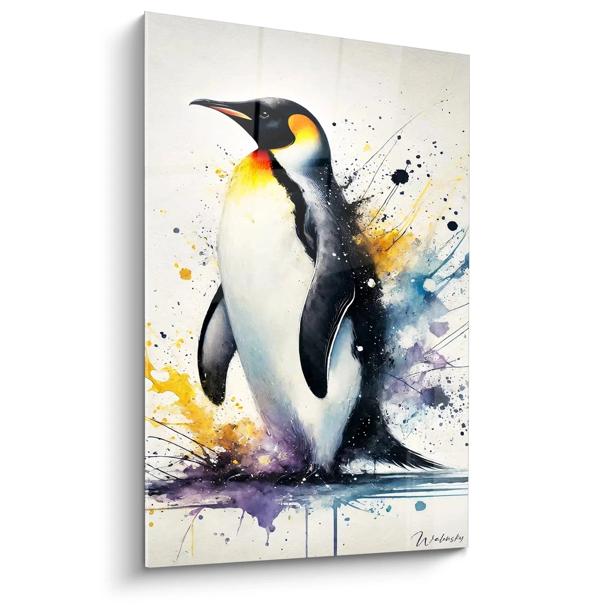Wandbild Kaiserpinguin Aquarell modern mit Farbexplosion Orange Blau Violett Edition Pinguin