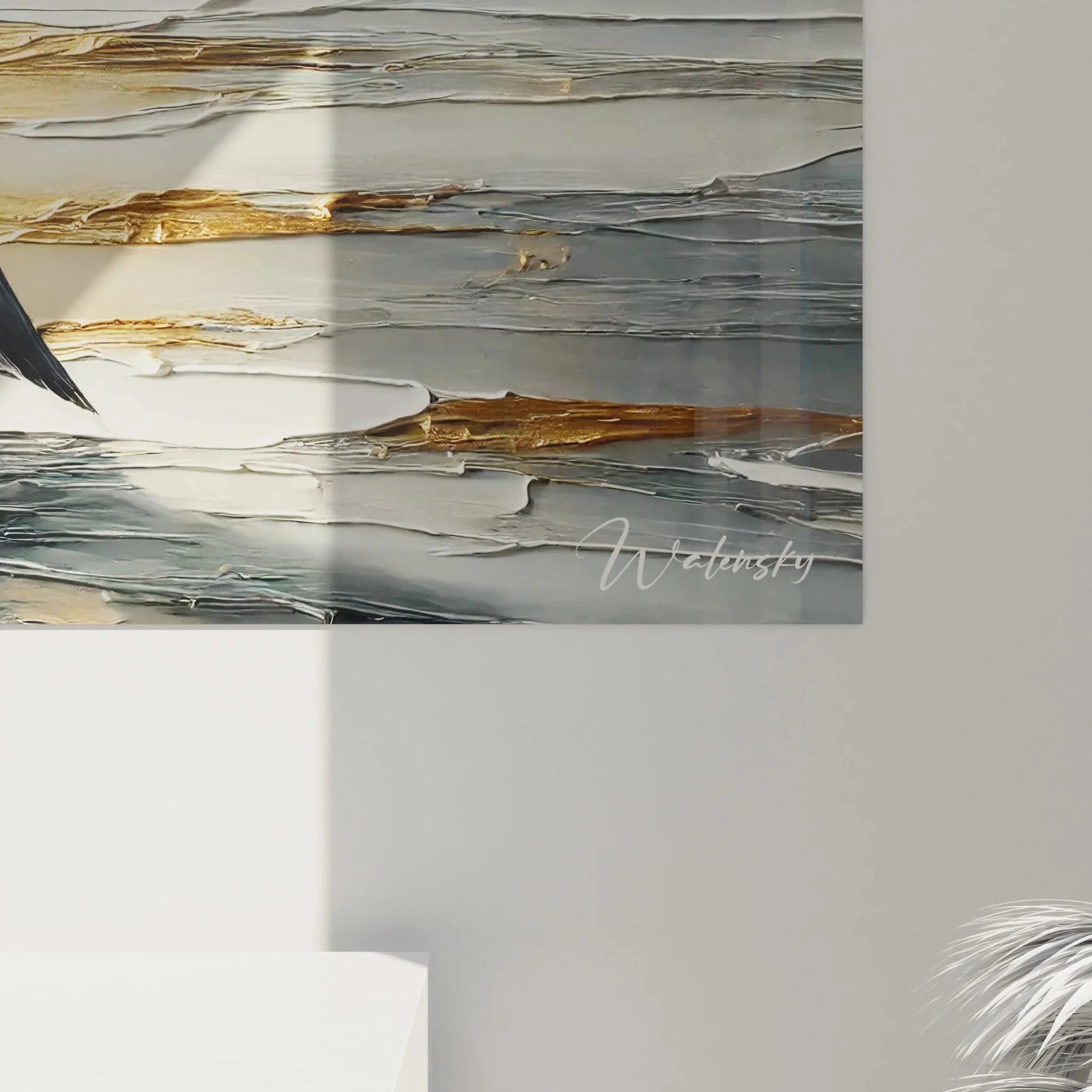 Gesamtansicht Wandbild Pinguin Kaiserpinguin mit Eislandschaft als moderne Raumgestaltung