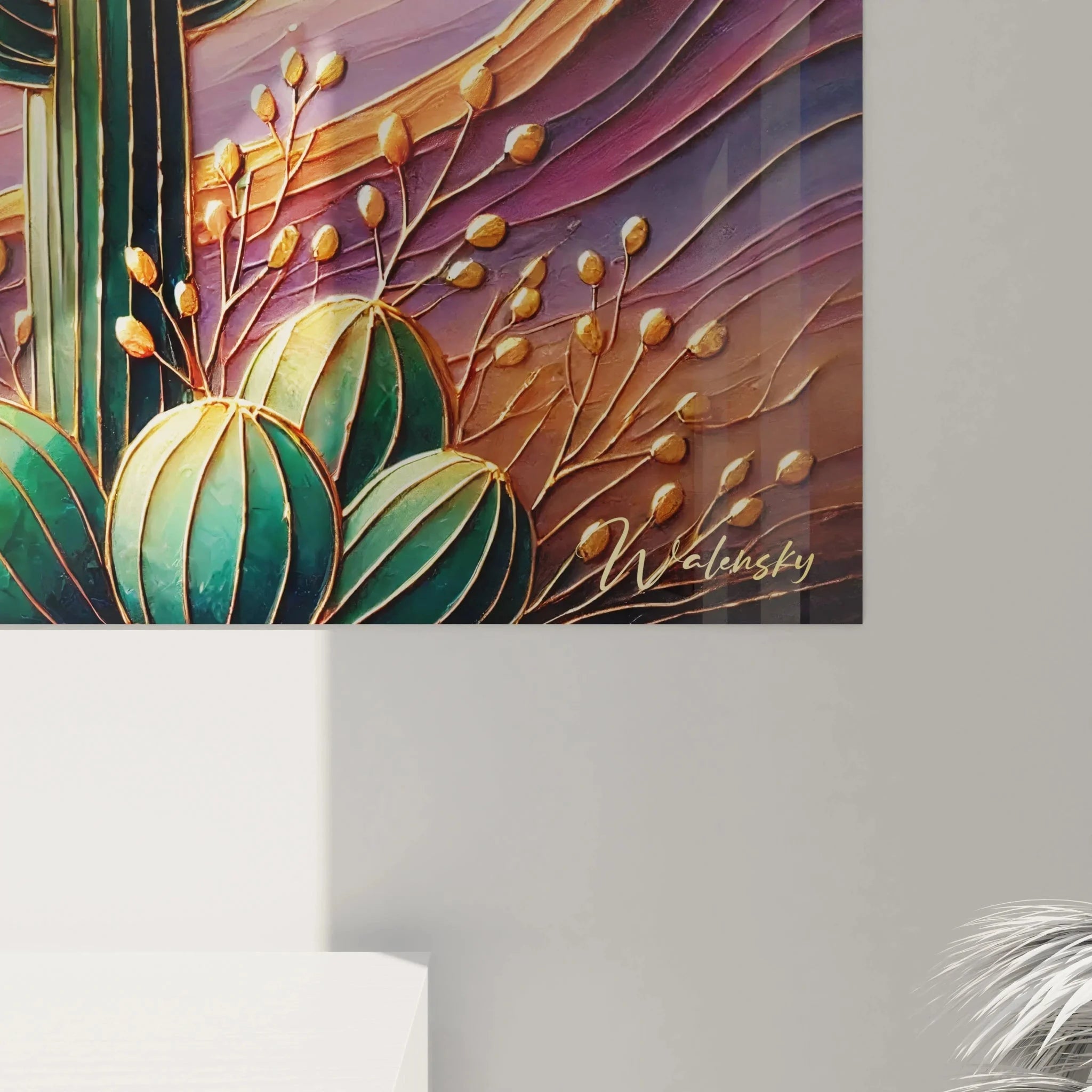 Gesamtansicht surreales Wandbild Kaktus Wüstenlandschaft mit Saguaro und fließenden Strukturen