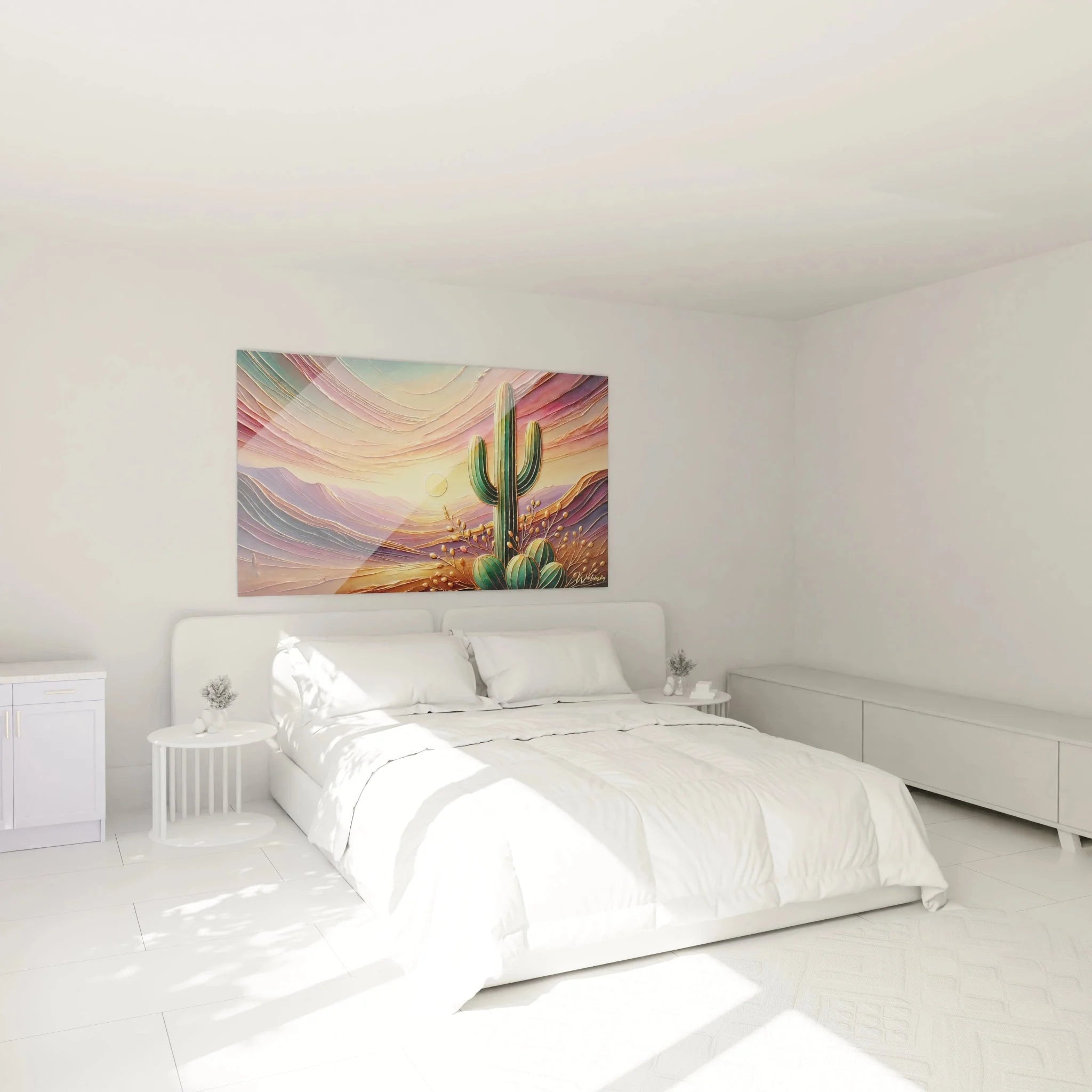 Wandbild Kaktus Sonnenuntergang als stilvolle Wanddekoration im Schlafzimmer, Wüstenmotiv XXL
