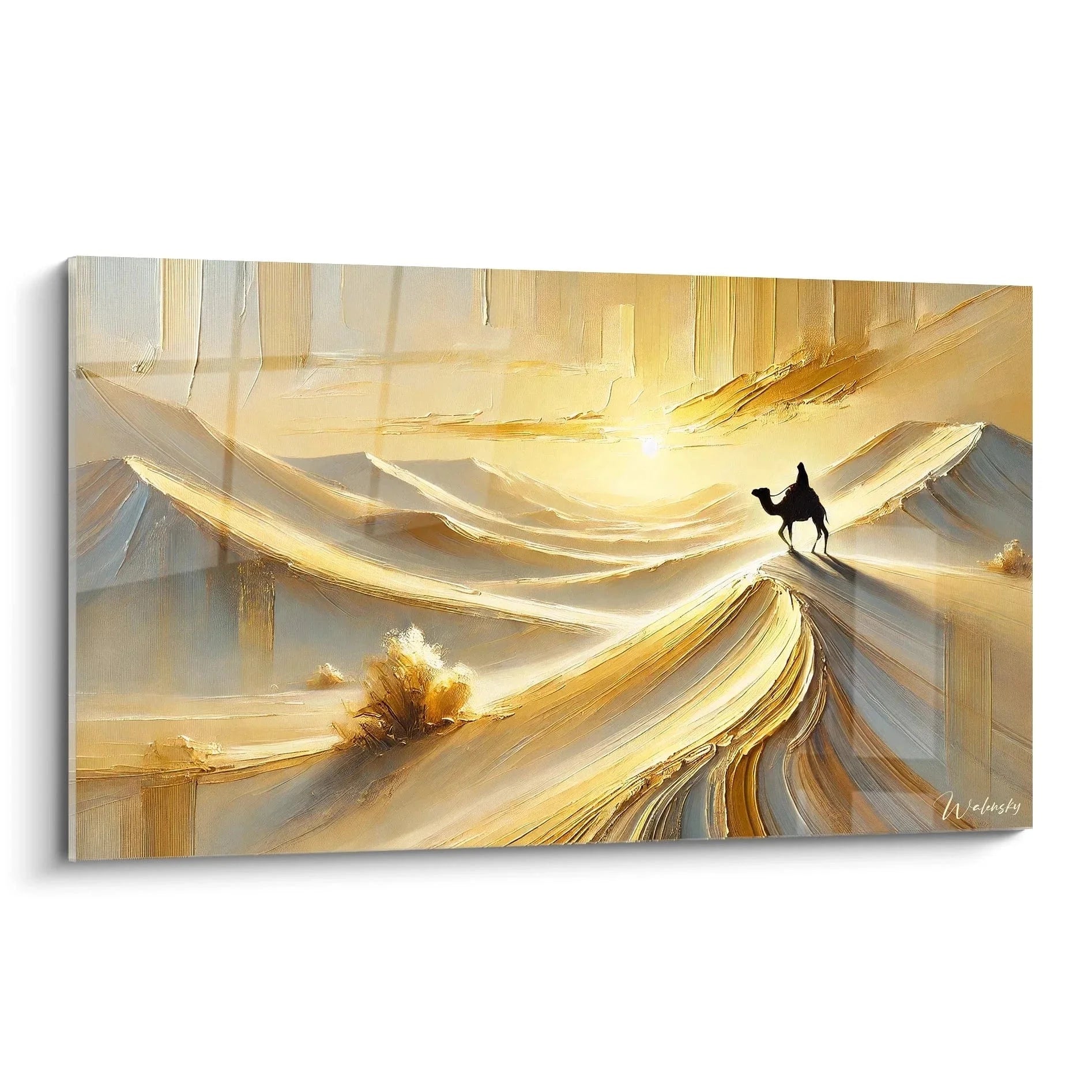 Abstraktes Wandbild Kamel in goldenen Dünen mit warmem Lichteffekt, moderne Wüstenkunst