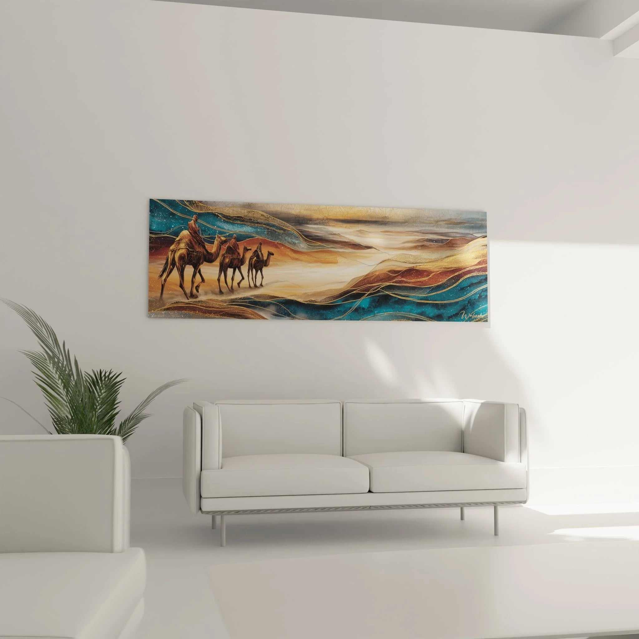 Detailansicht Wandbild Kamelkarawane - kunstvolle Darstellung Wüstenreise mit goldenen Akzenten