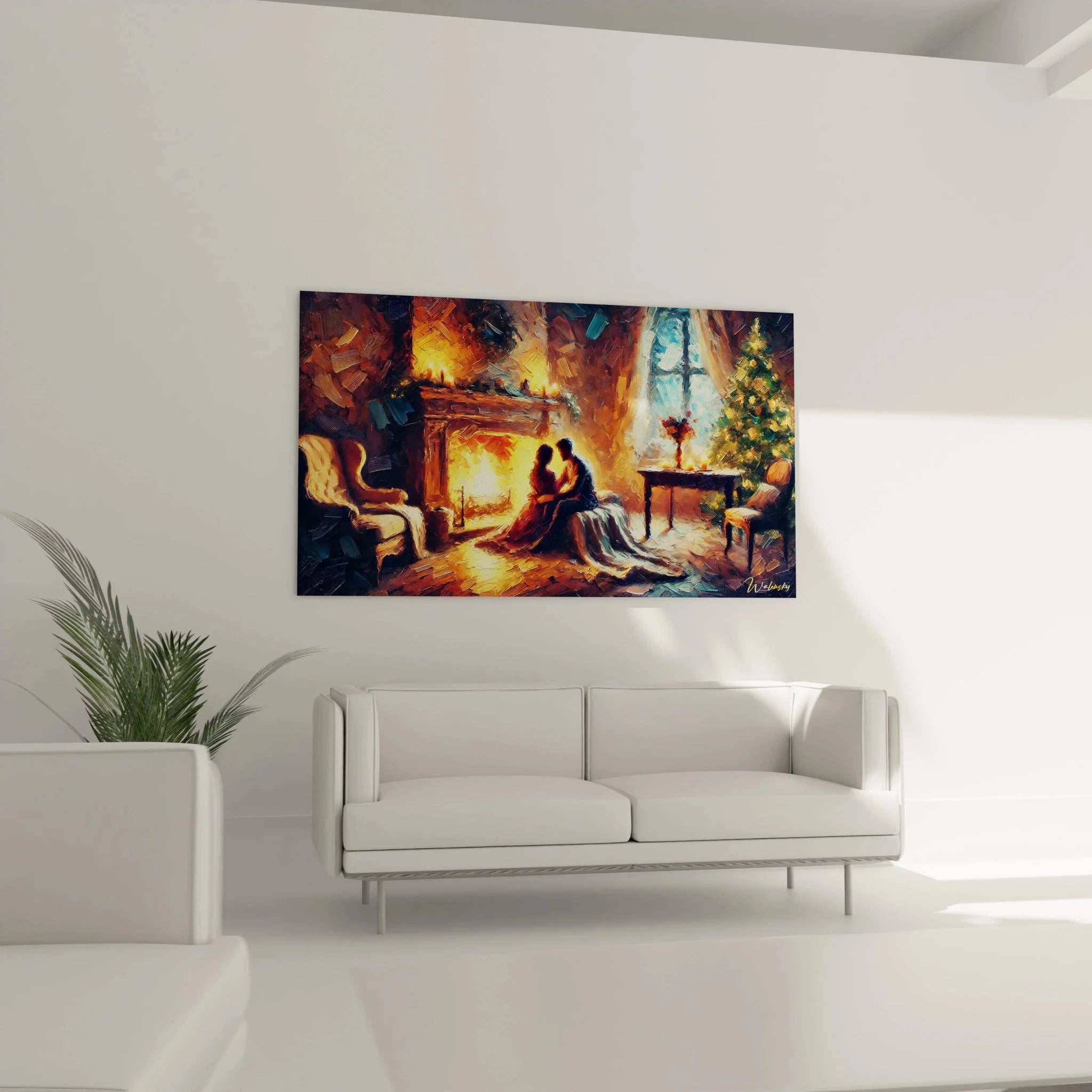 Detailansicht Wandbild Kaminfeuer zeigt warme Farbtöne und impressionistische Maltechnik