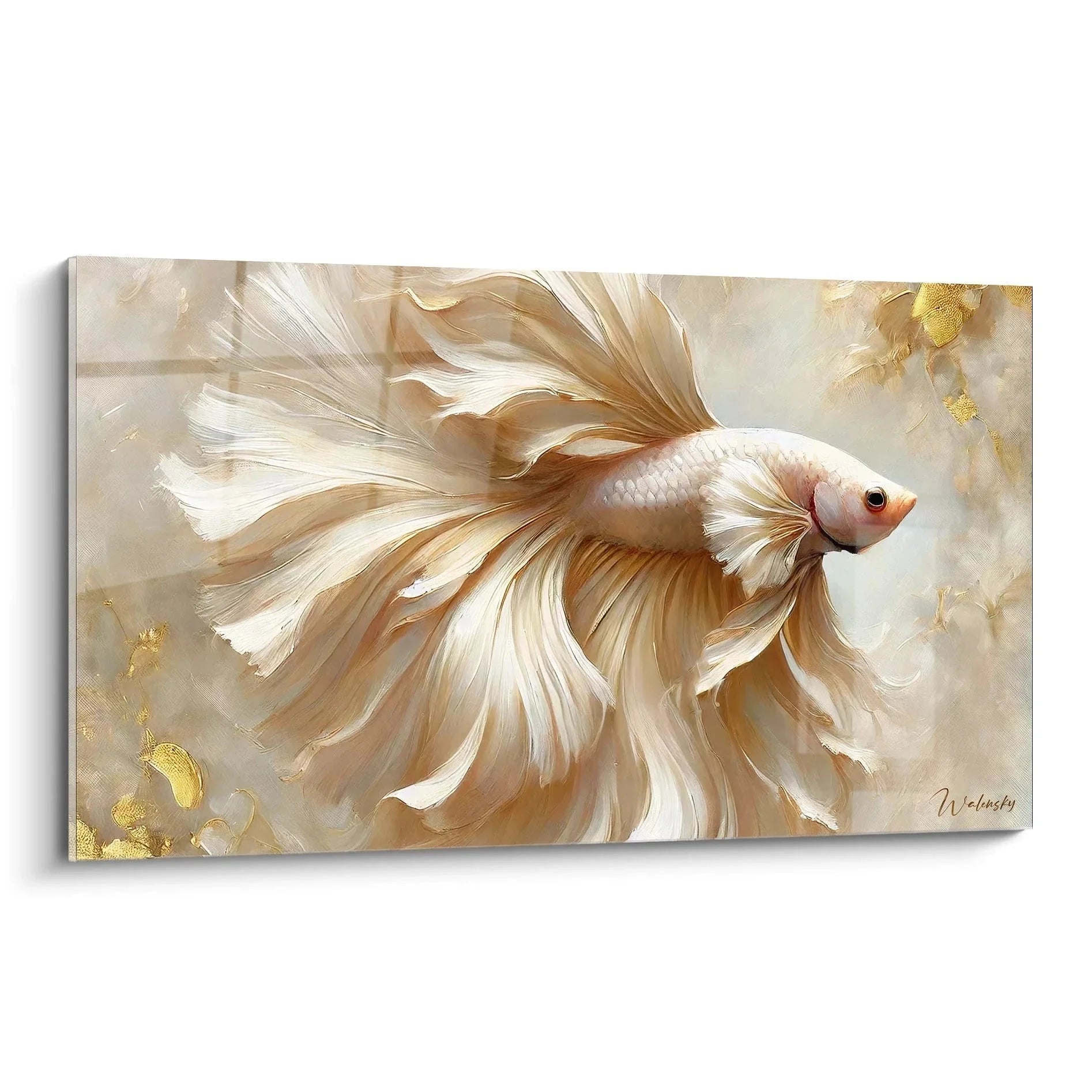 Wandbild goldener Kampffisch mit prächtigen Flossen in warmen Braun- und Goldtönen auf Leinwand gedruckt