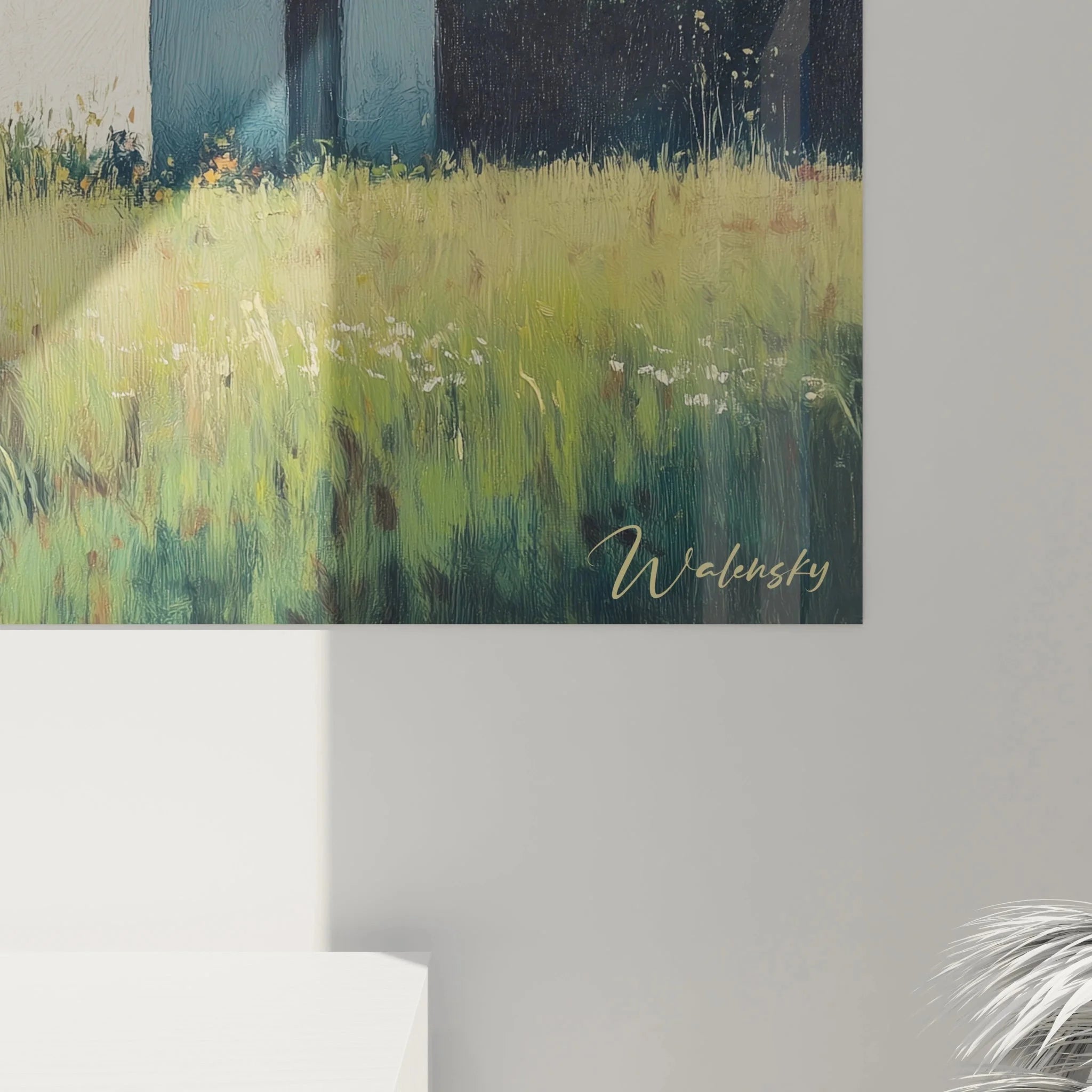 Gesamtansicht Wandbild Kapelle Landschaft - idyllische Szene mit Kirche, Wiesen und Hügeln