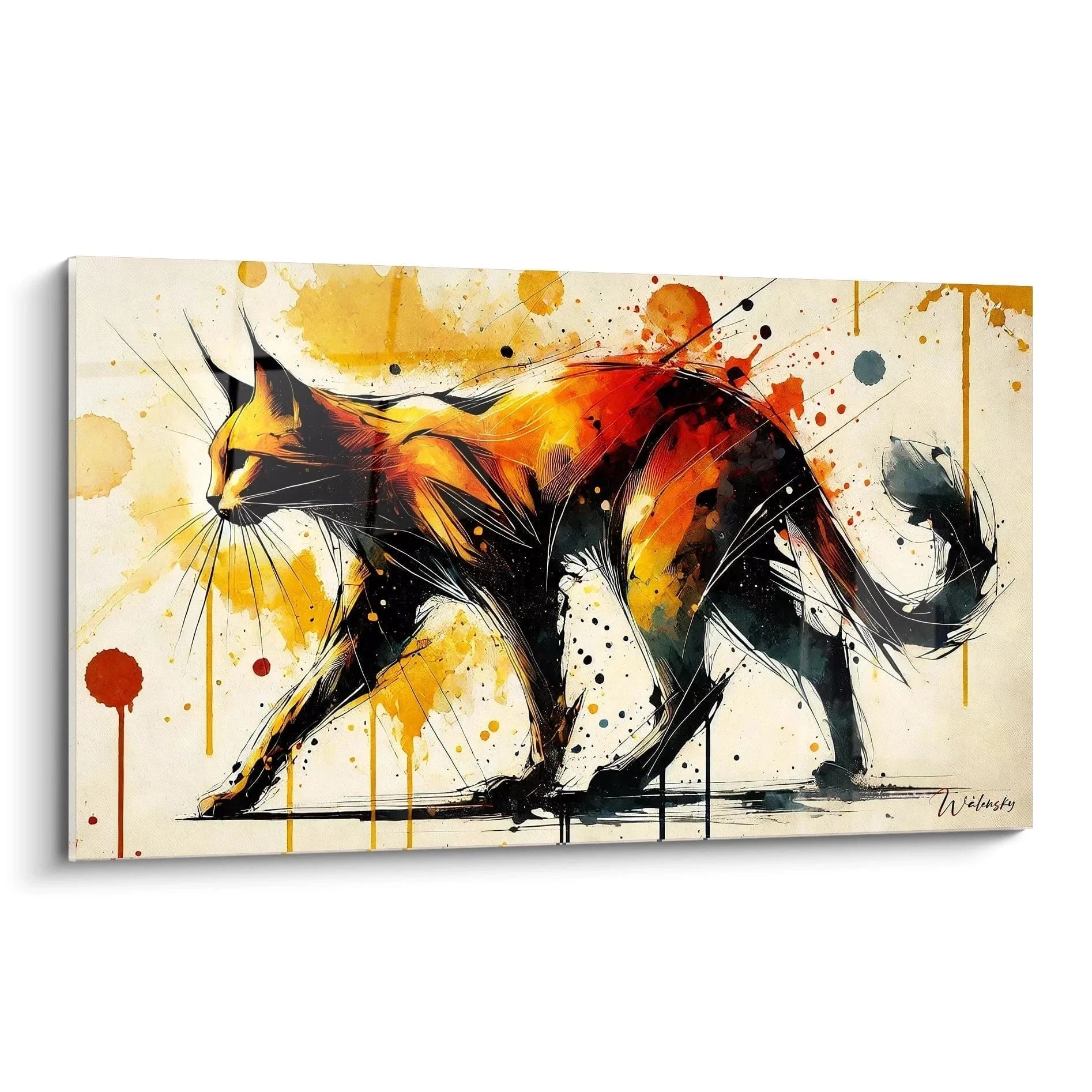 Abstraktes Wandbild Katze in Feuerfarben mit expressiven Pinselstrichen und dynamischer Komposition