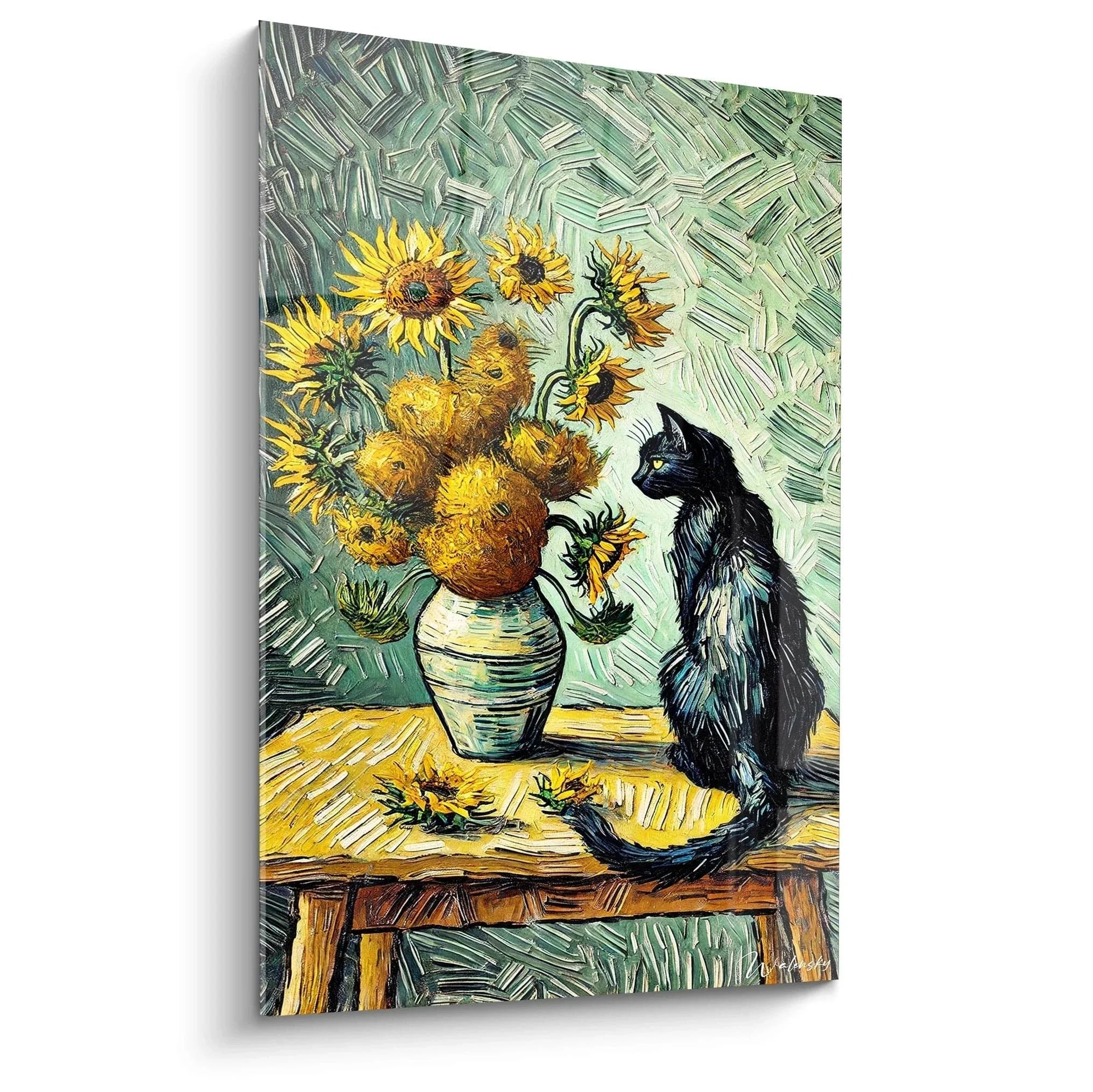 Wandbild schwarze Katze mit Sonnenblumen Van Gogh Stil Edition Katze Wanddekoration