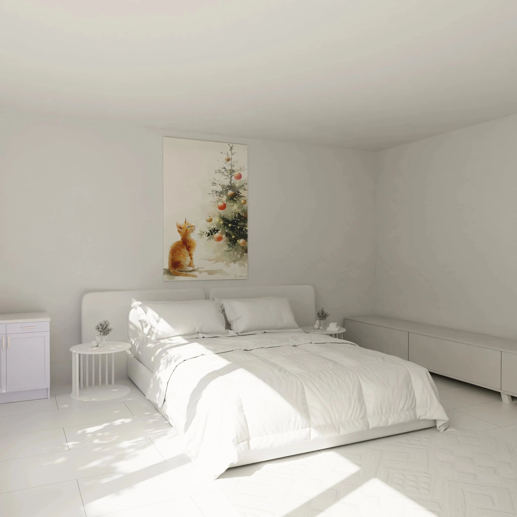 Wandbild Katze Weihnachtsbaum im Schlafzimmer - gemütliche Weihnachtsdeko als Wandkunst Aquarell