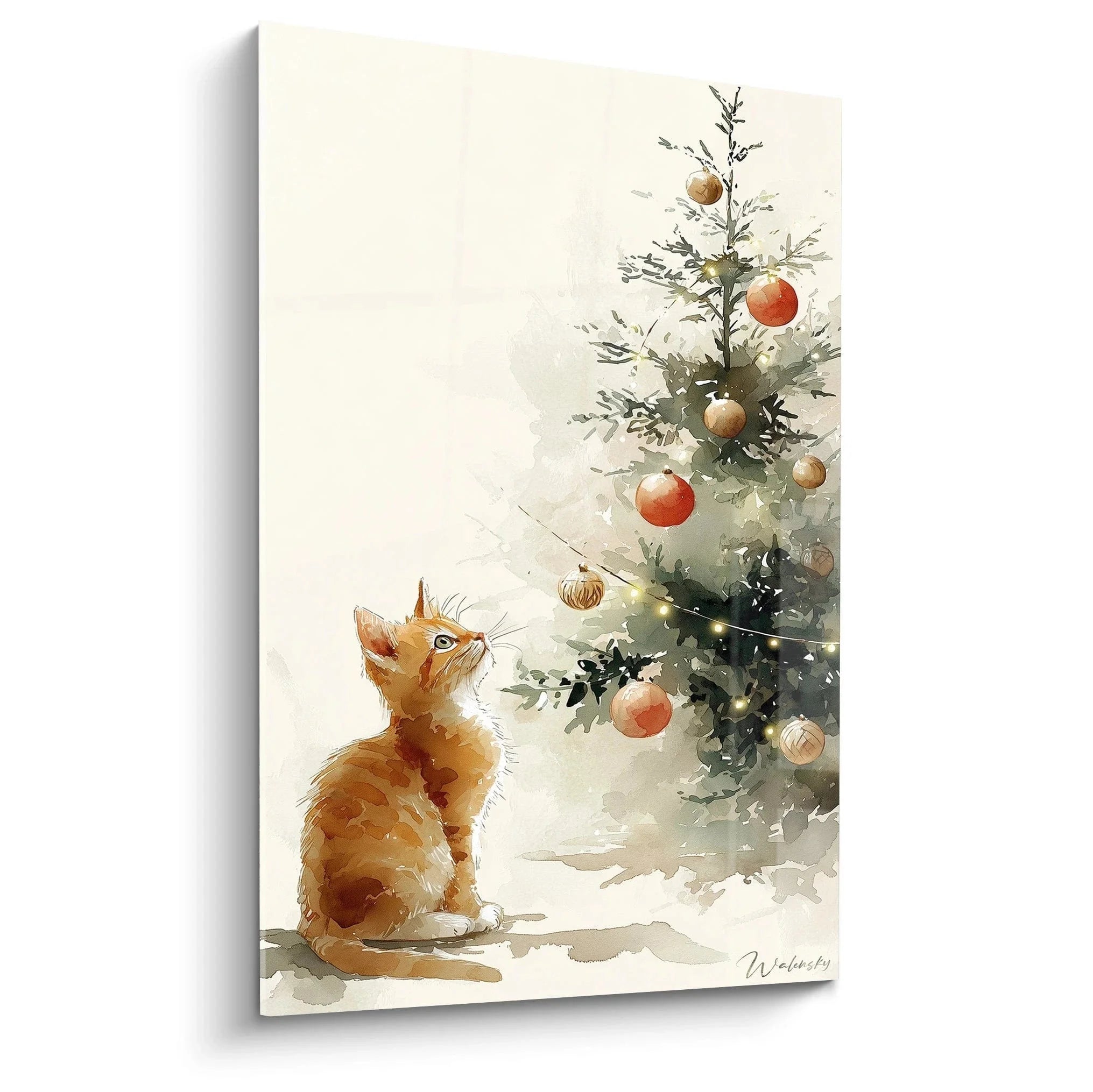 Wandbild Katze vor Weihnachtsbaum Aquarell - weihnachtliche Wanddekoration mit rotgetigerter Katze