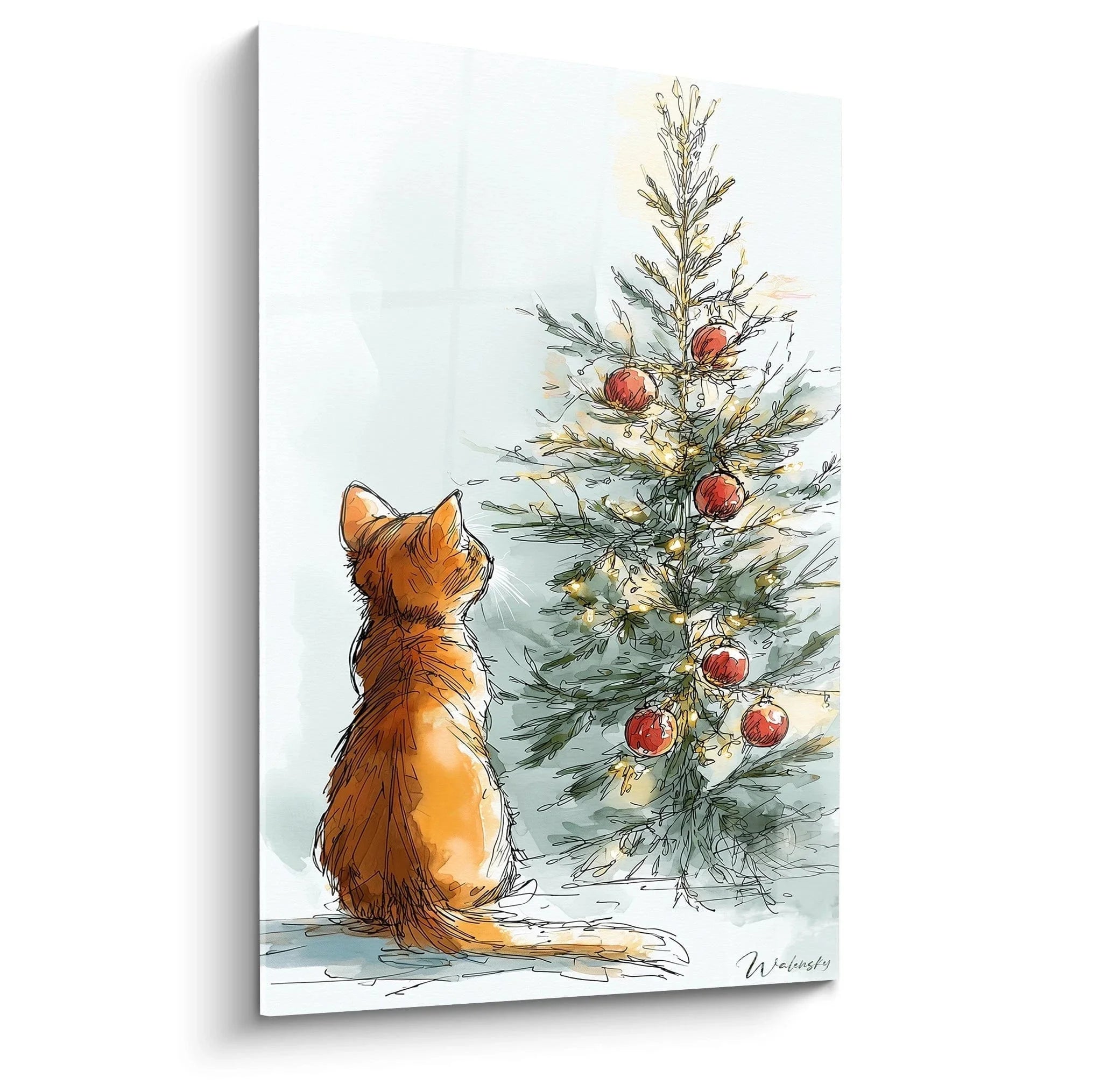 Wandbild Katze vor Weihnachtsbaum im Aquarell-Stil mit roten Kugeln und goldenen Akzenten