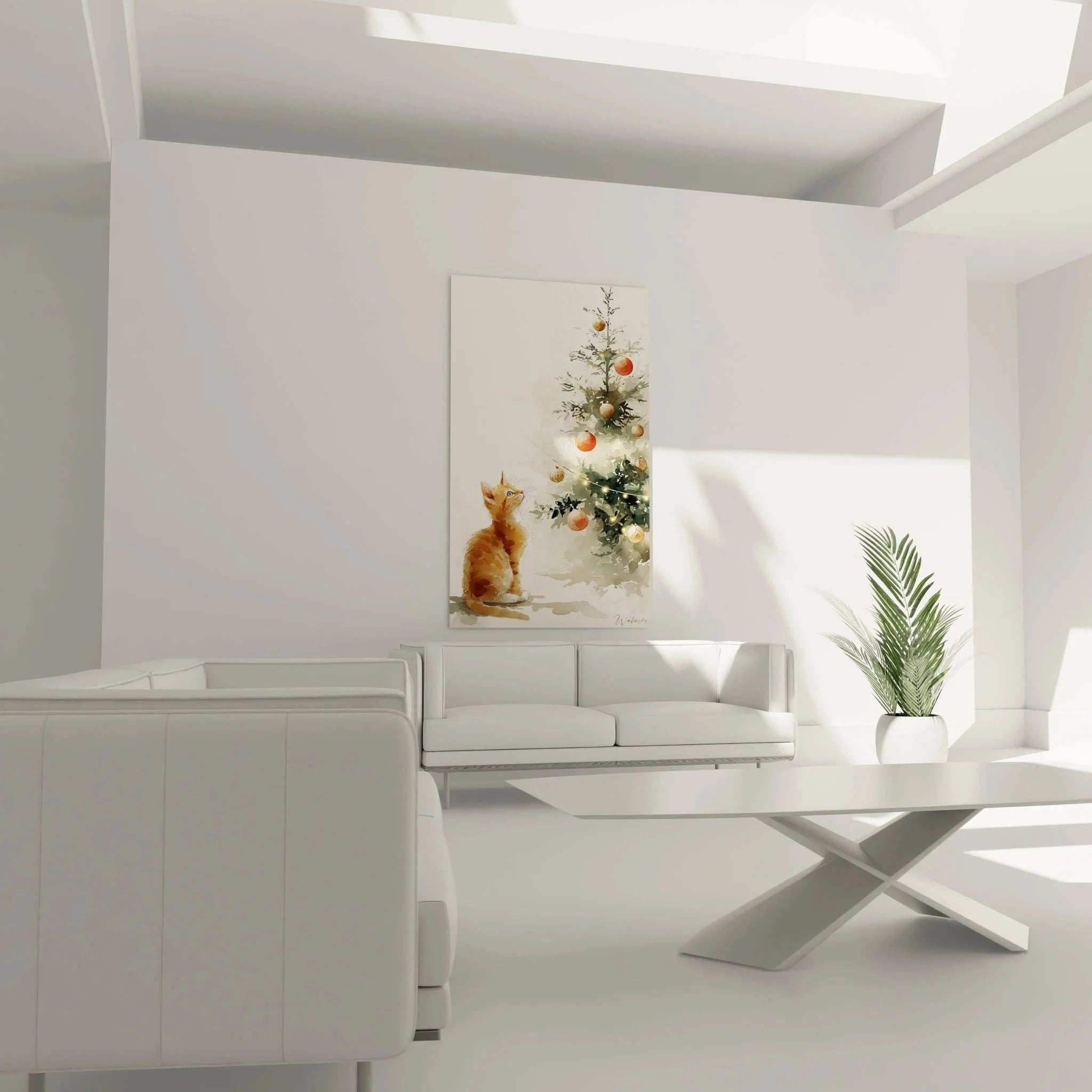 Detailansicht Wandbild weihnachtliche Katze - Aquarell Nahaufnahme der neugierigen Katze am Christbaum