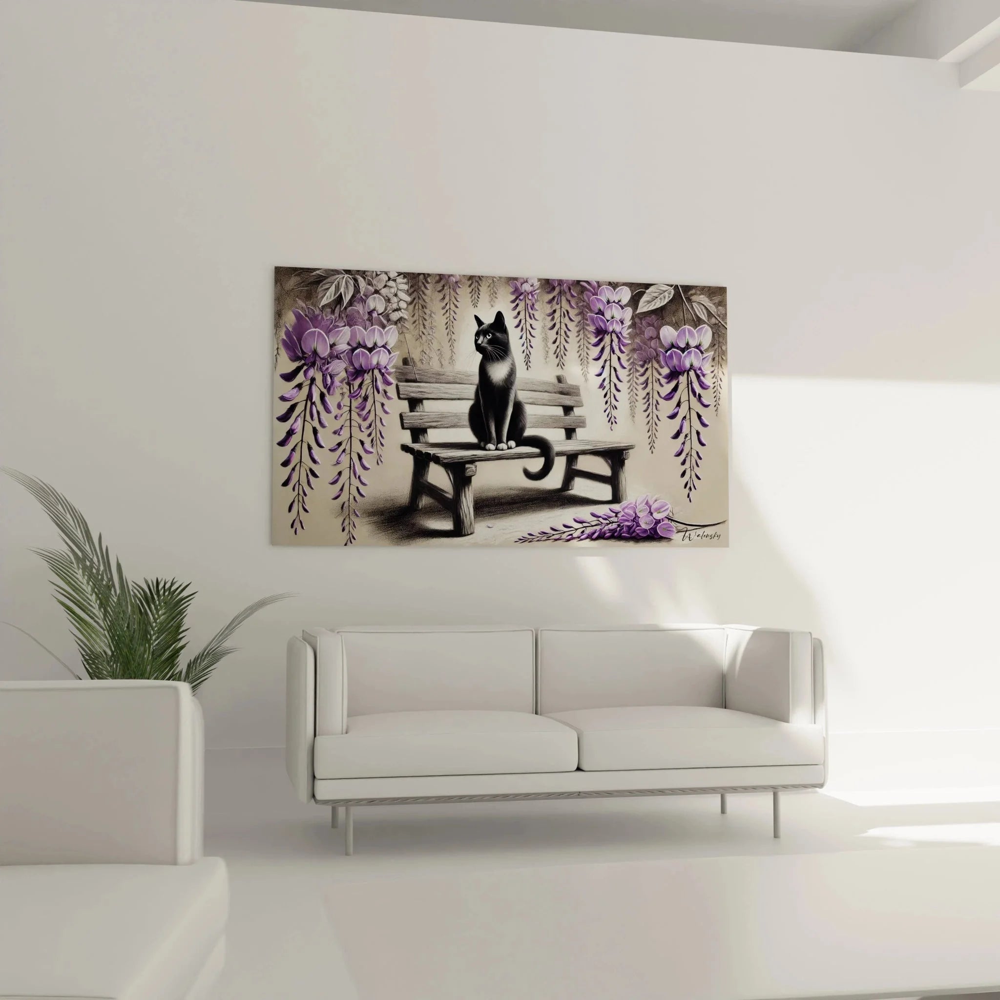 Nahaufnahme Wandbild Detail Katze und lila Wisteria Blüten in hoher Qualität