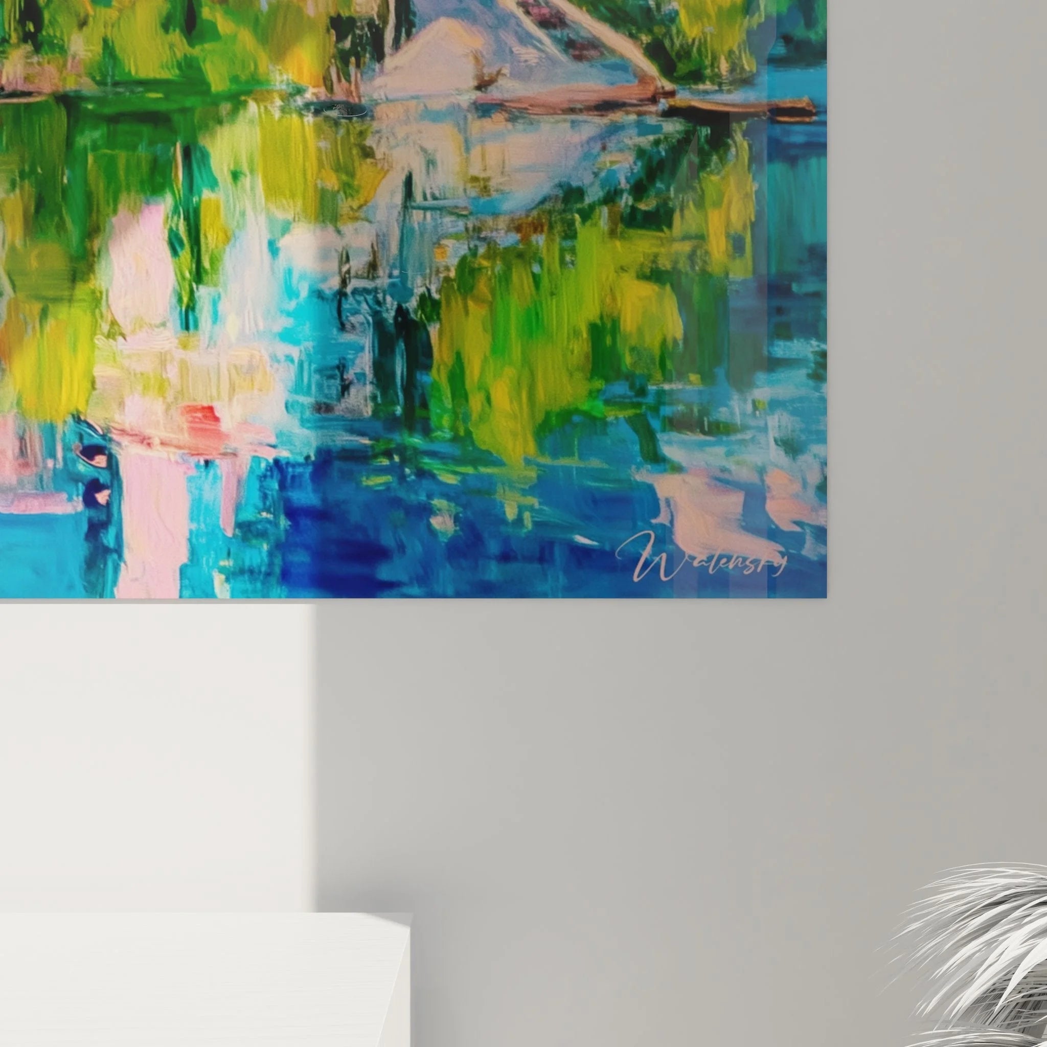 Gesamtansicht Wandbild Kirche am See - komplette alpine Seenlandschaft mit malerischer Komposition