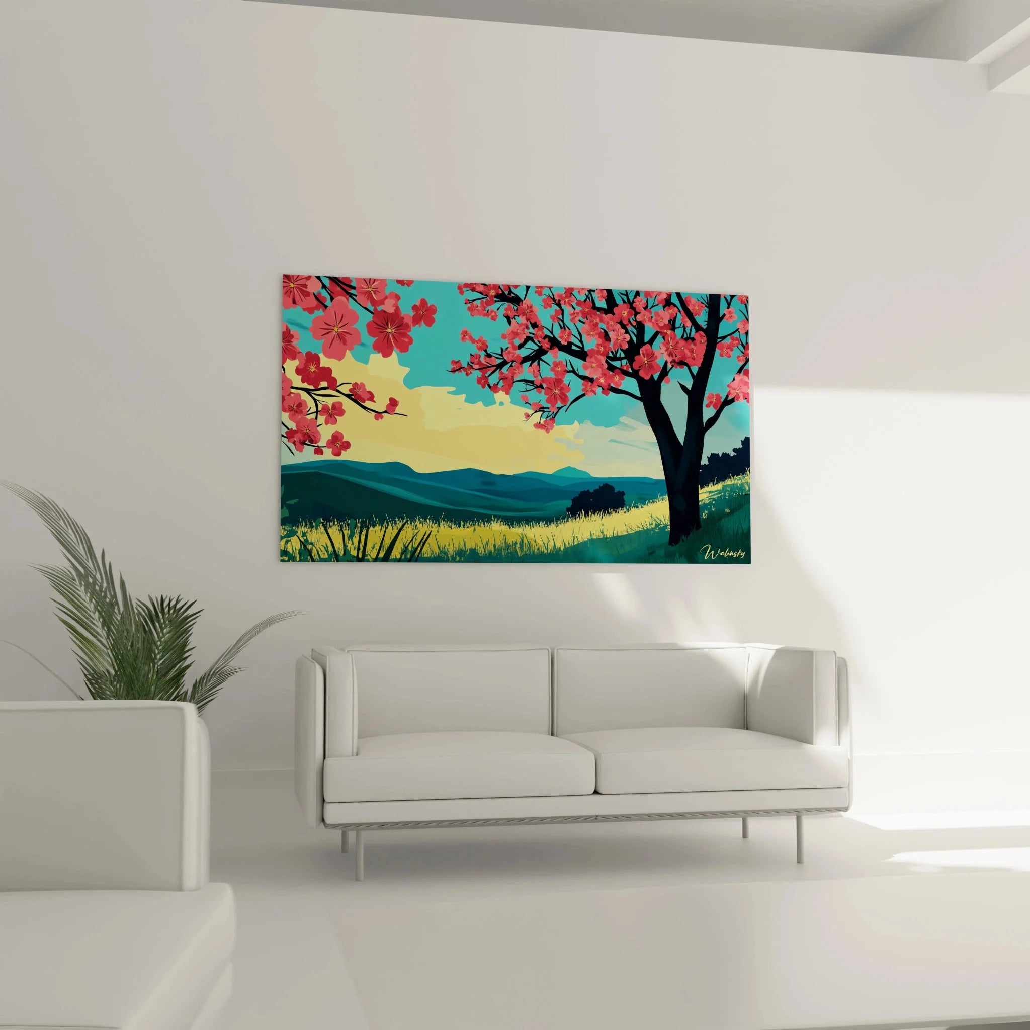 Detailansicht Wandbild Kirschblüten mit leuchtenden rosa Blüten und grüner Landschaft