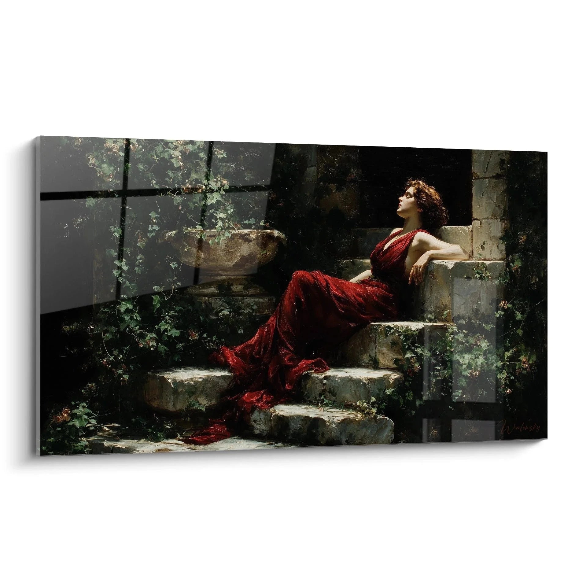 Klassizismus Wandbild melancholische Frau in rotem Kleid auf antiken Steinstufen mit Efeu
