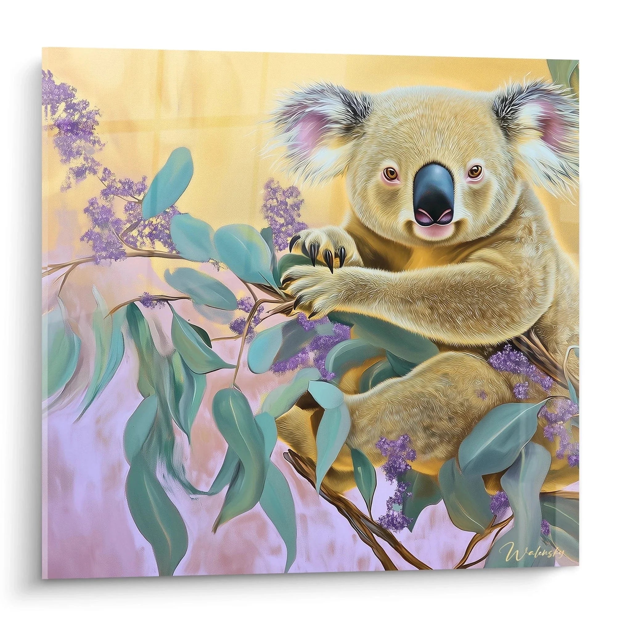 Wandbild Koala Familie mit Baby im Eukalyptusbaum, pastellfarbene Kinderzimmer Dekoration