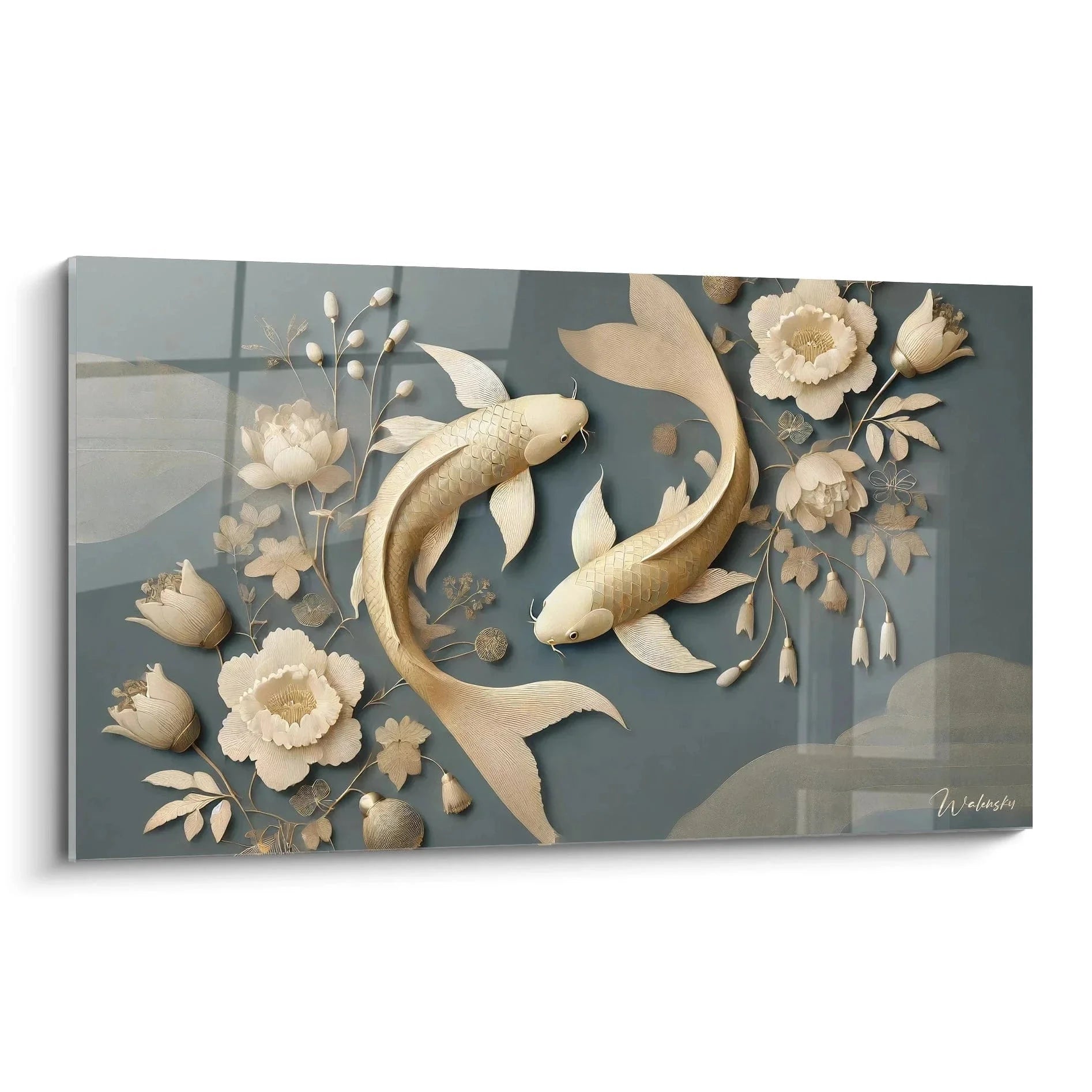 Wandbild Koi Fische in goldenem 3D Relief mit Lotus und asiatischen Blüten auf grauem Hintergrund