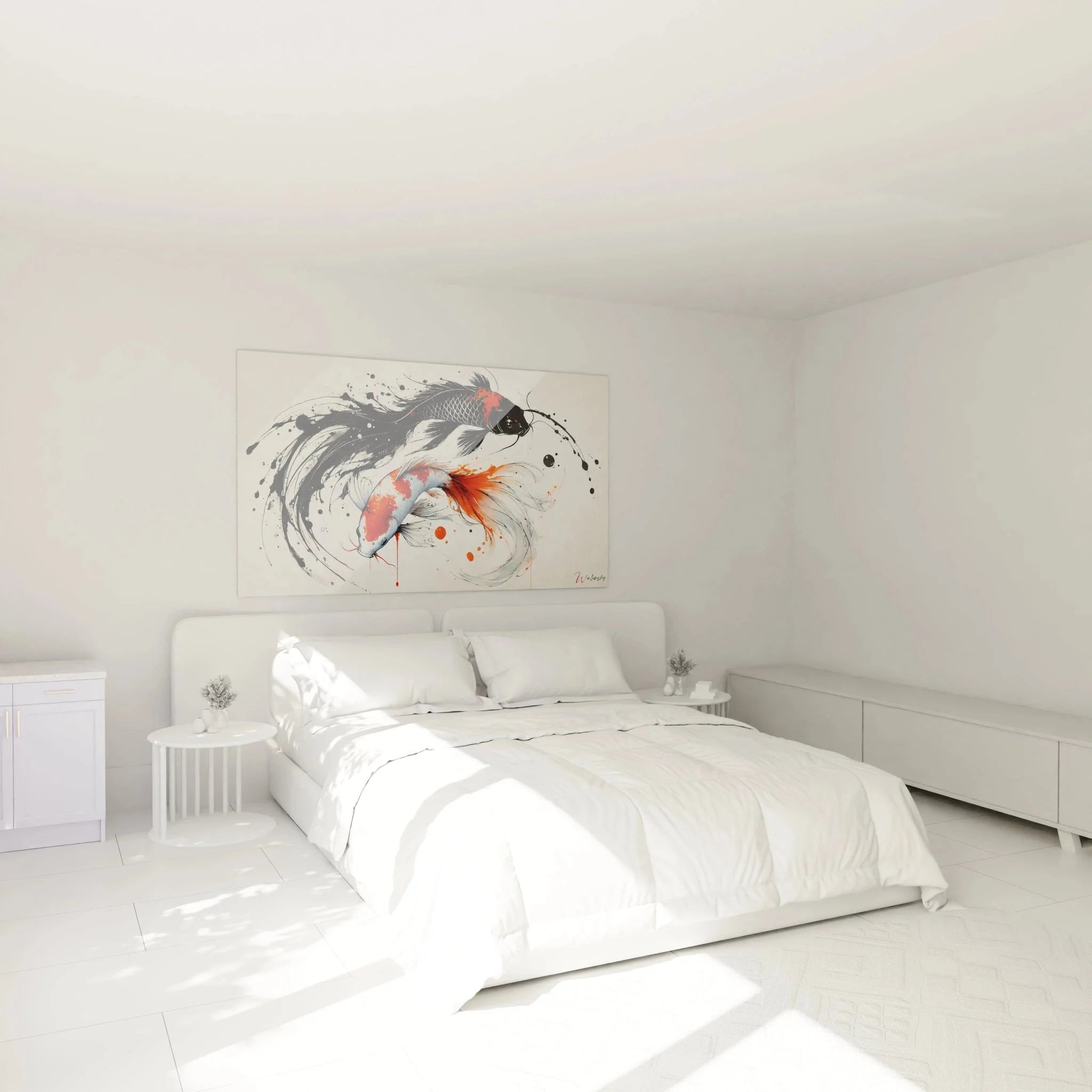 Wandbild Koi Fische XXL in modernem Schlafzimmer als stilvolle Wanddekoration über dem Bett